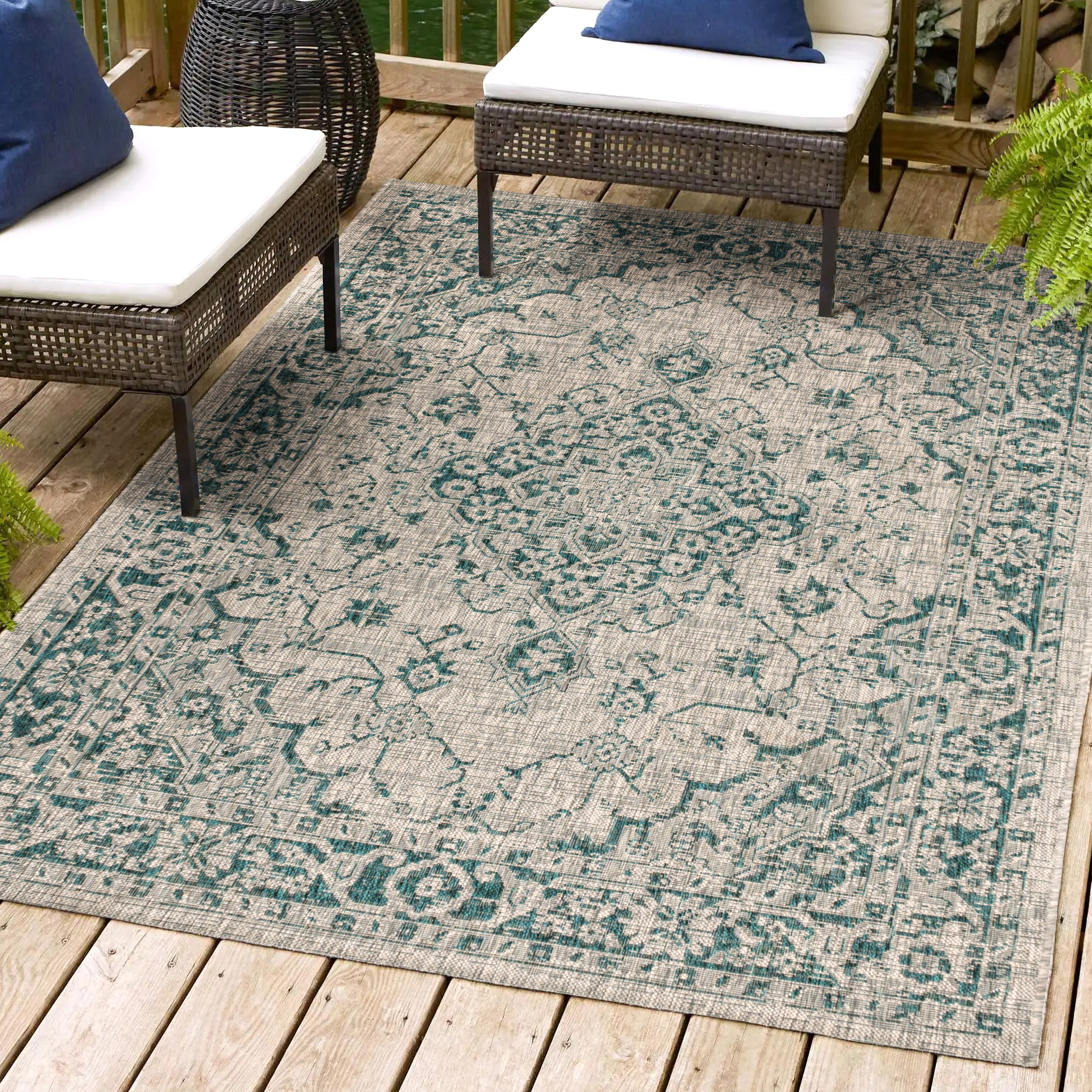 JONATHAN  Y SMB102C-5 Santa Monica Rozetta Boho Textured Weave 5 x 8 (ft) Loomed Polypropylene Gray/Teal Rectangular Indoor/Outdoor Border Coastal Area rug