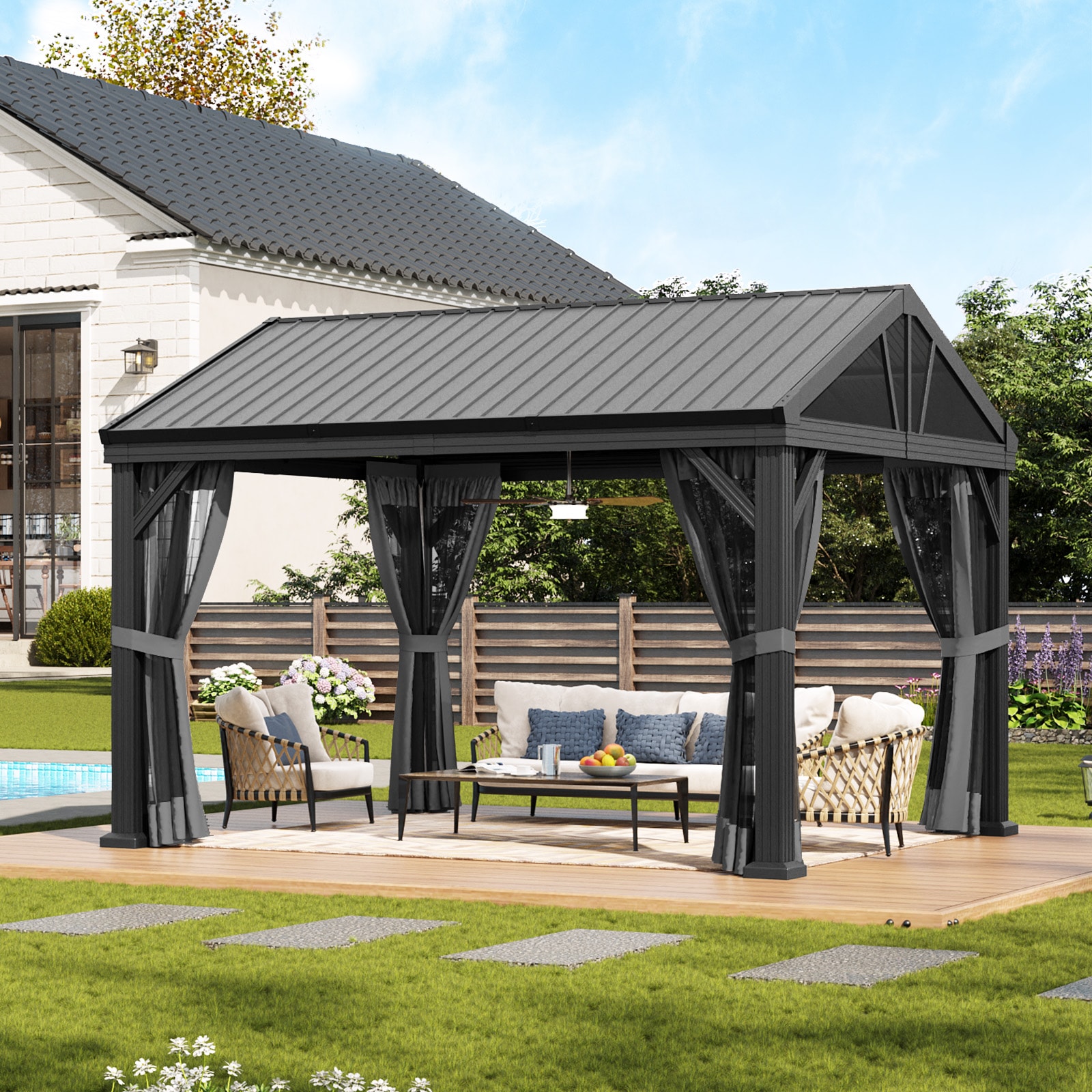 AOXUN AX-408G03 12-ft x 10-ft Outdoor Gazebos Black Gazebo with Hardtop Roof (Screen Included)