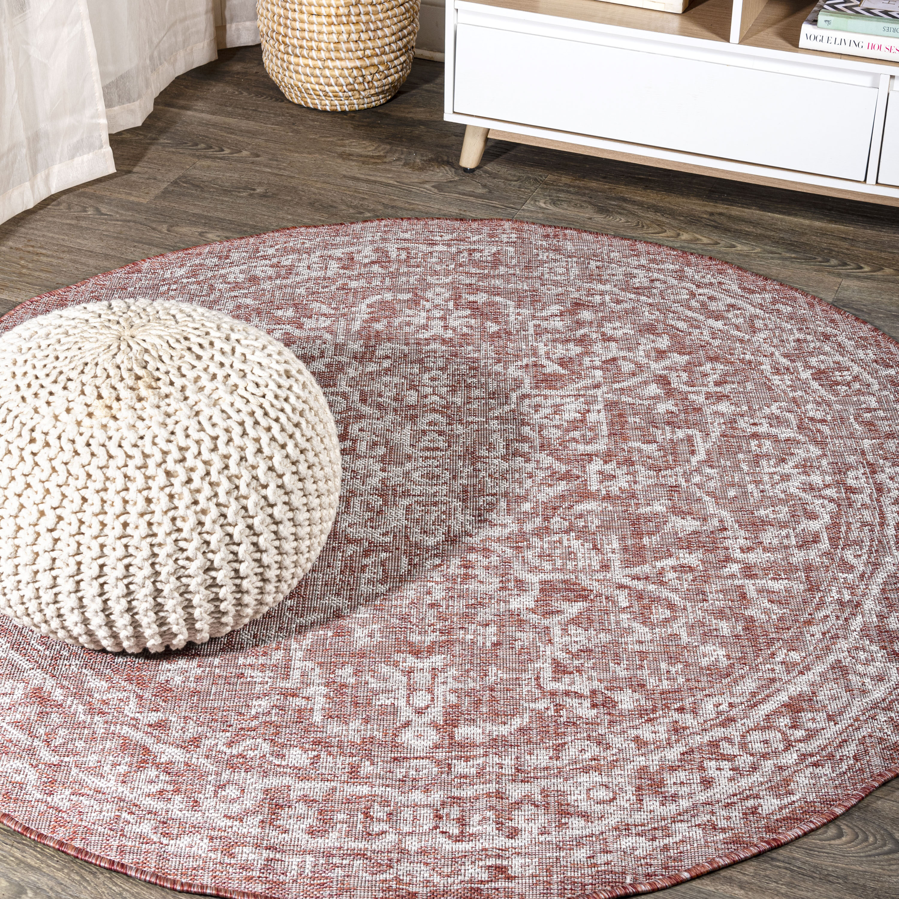 JONATHAN  Y SMB104A-9R SANTA MONICA Malta Bohemian Medallion Textured Weave 9 x 9 (ft) Polypropylene Red/Taupe Round Indoor Medallion Bohemian/Eclectic Area rug