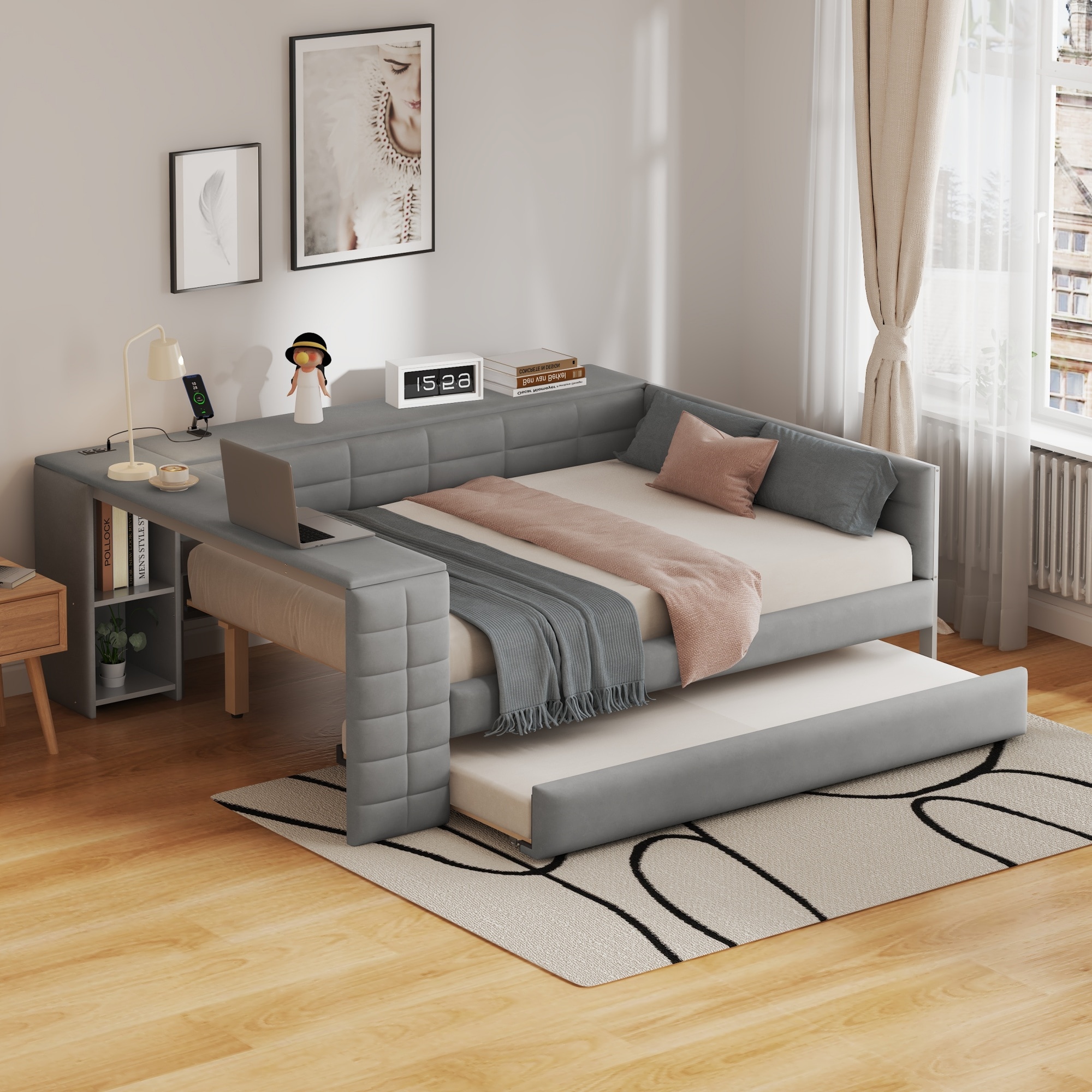 ModernLuxe L3P-N7090000604E Full Size Upholstered Platform Bed with Storage Shelves Desk Charging Station and Trundle Gray