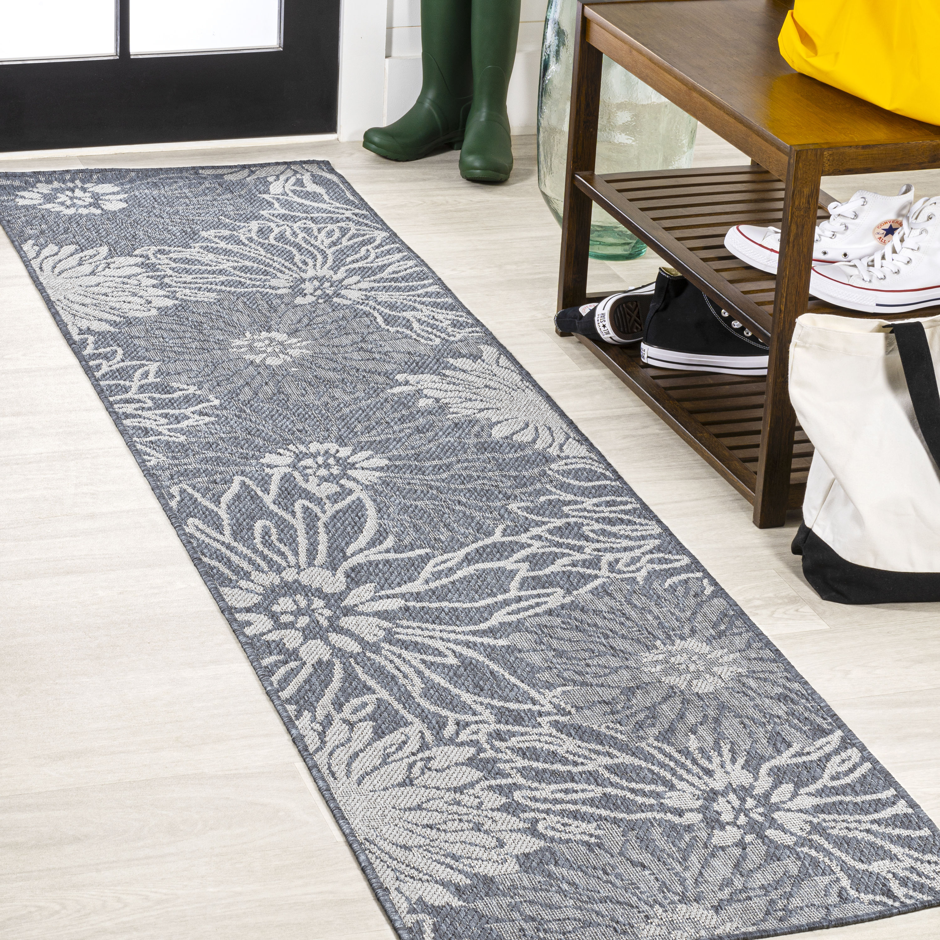 Gray Floral Synthetic Flat Woven Reversible Area Rug