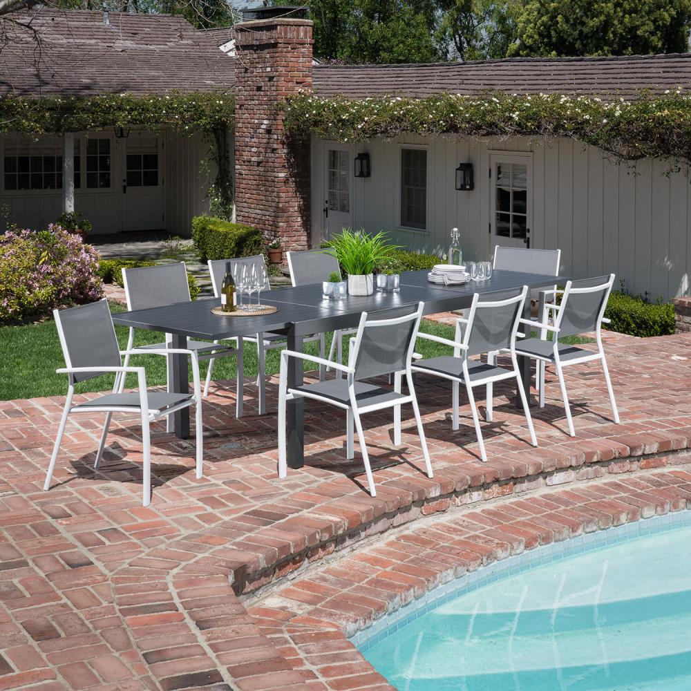 Hanover NAPLESDN9PC-WHT Naples 9 -Piece Gray Patio Dining Set Extendable Table Aluminum Rectangle Table with 8 Gray Stackable Stationary Chairs