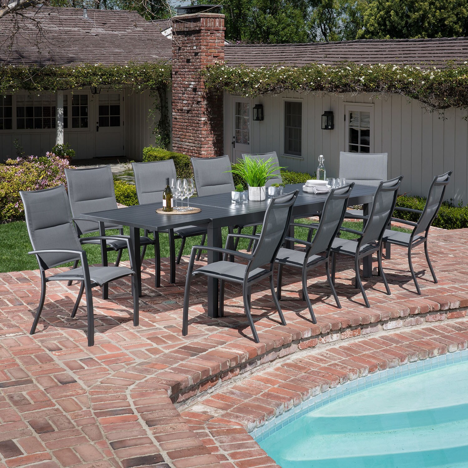 Hanover NAPDN11PCHB-GRY Naples 11 -Piece Gray Patio Dining Set Aluminum Rectangle Table with 10 Gray Stackable Stationary Chairs