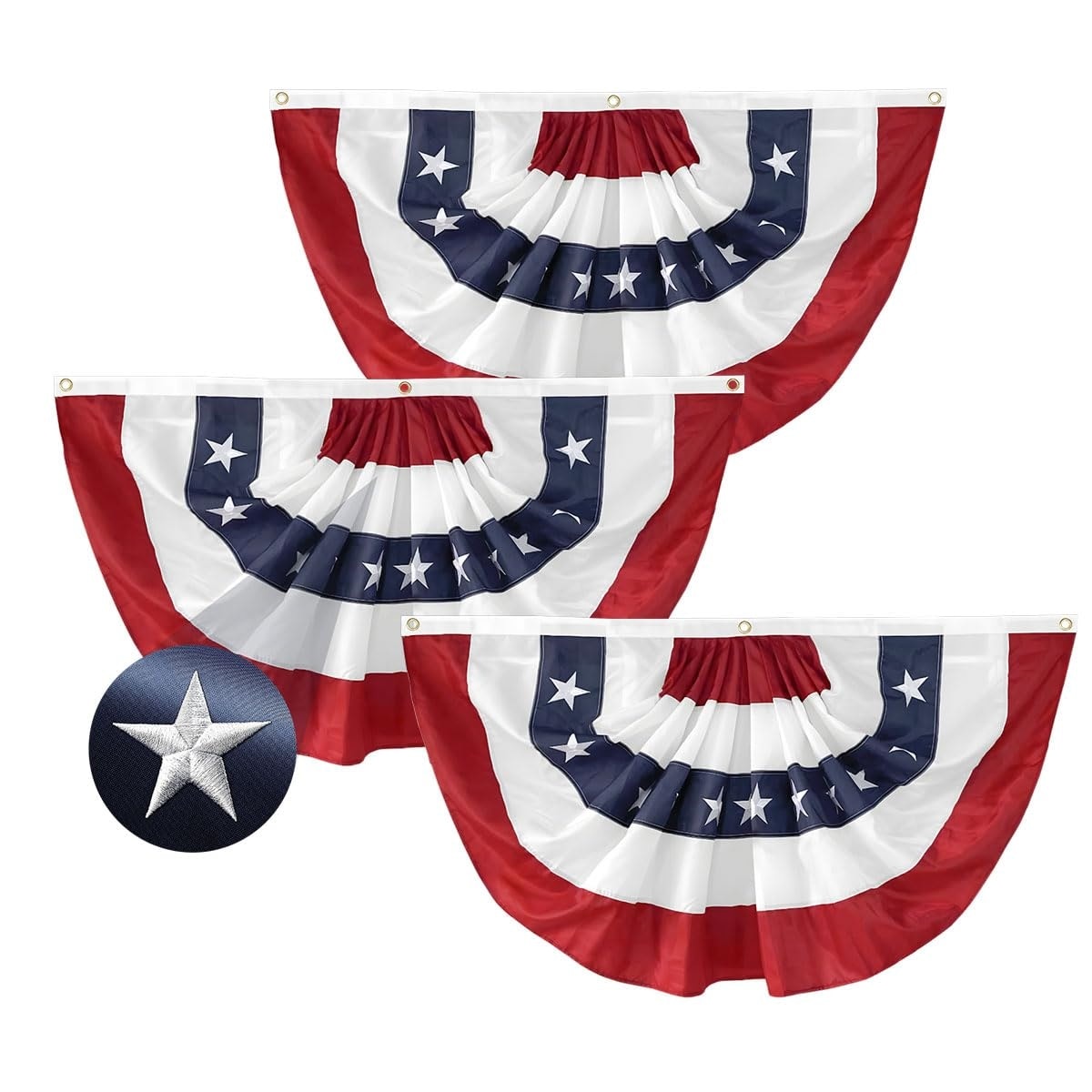 Adrinfly  3 pack pleated patriotic fan flag 2 x 4 feet bunting decoration embroidered stars sewn stripes canvas header brass grommets weather