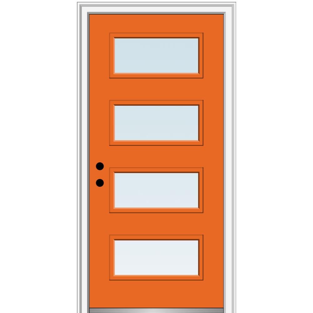 MMI DOOR ZZ345585R Spotlights 32-in x 80-in x 4-9/16-in Fiberglass Pulse lite Right-hand inswing Tangerine Painted Prehung Front Door with Brickmould Insulating core