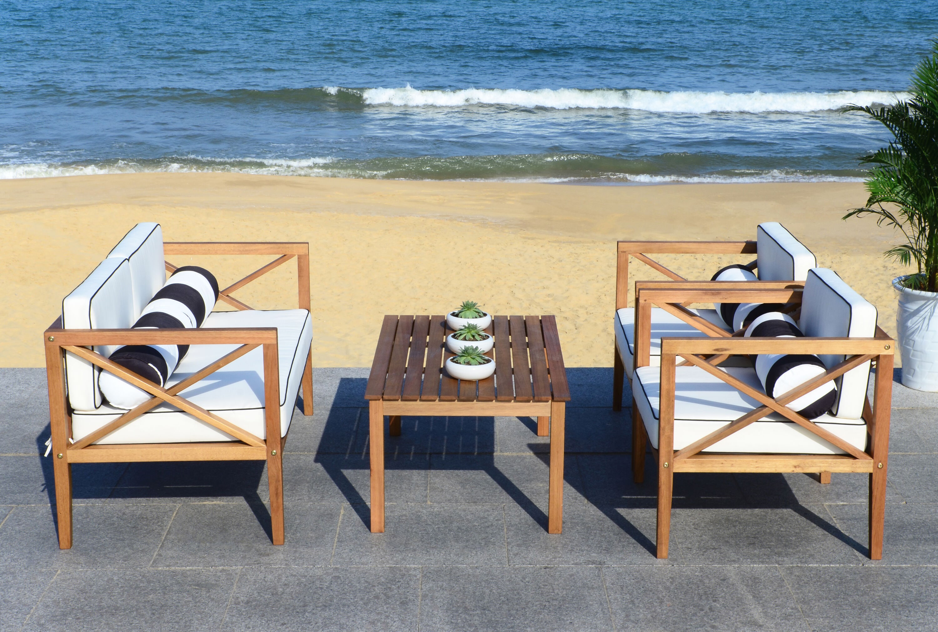 Nunzio Natural Teak Wood 4-Piece Outdoor Set with White Cushions