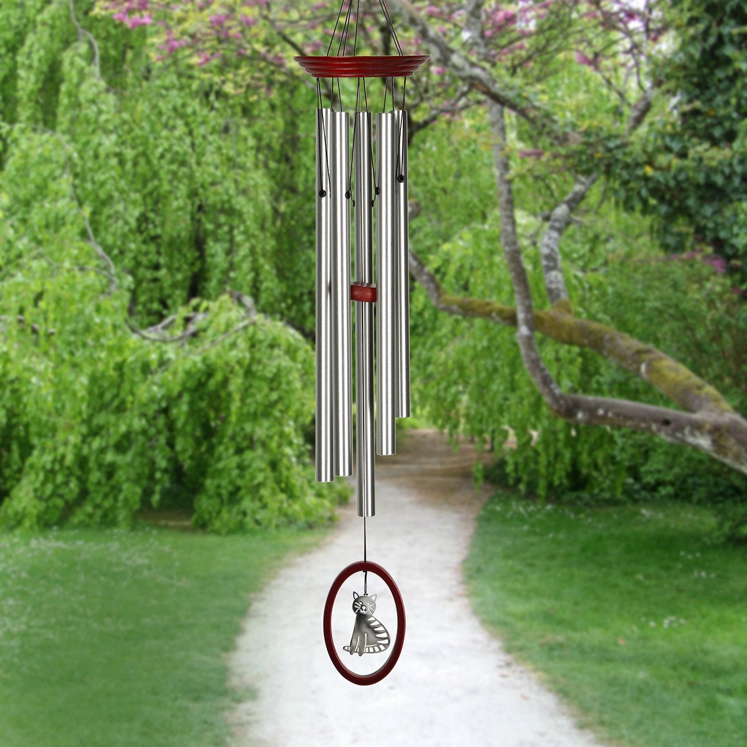 24" Silver and Red Metal Cat Wind Chime