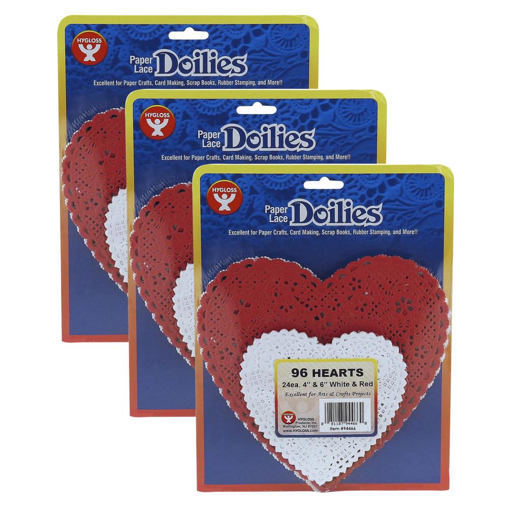 Hygloss HYG94466-3 Doilies, White and Red Hearts, 4-in and 6 Inch, 96 Per Pack, 3 Packs
