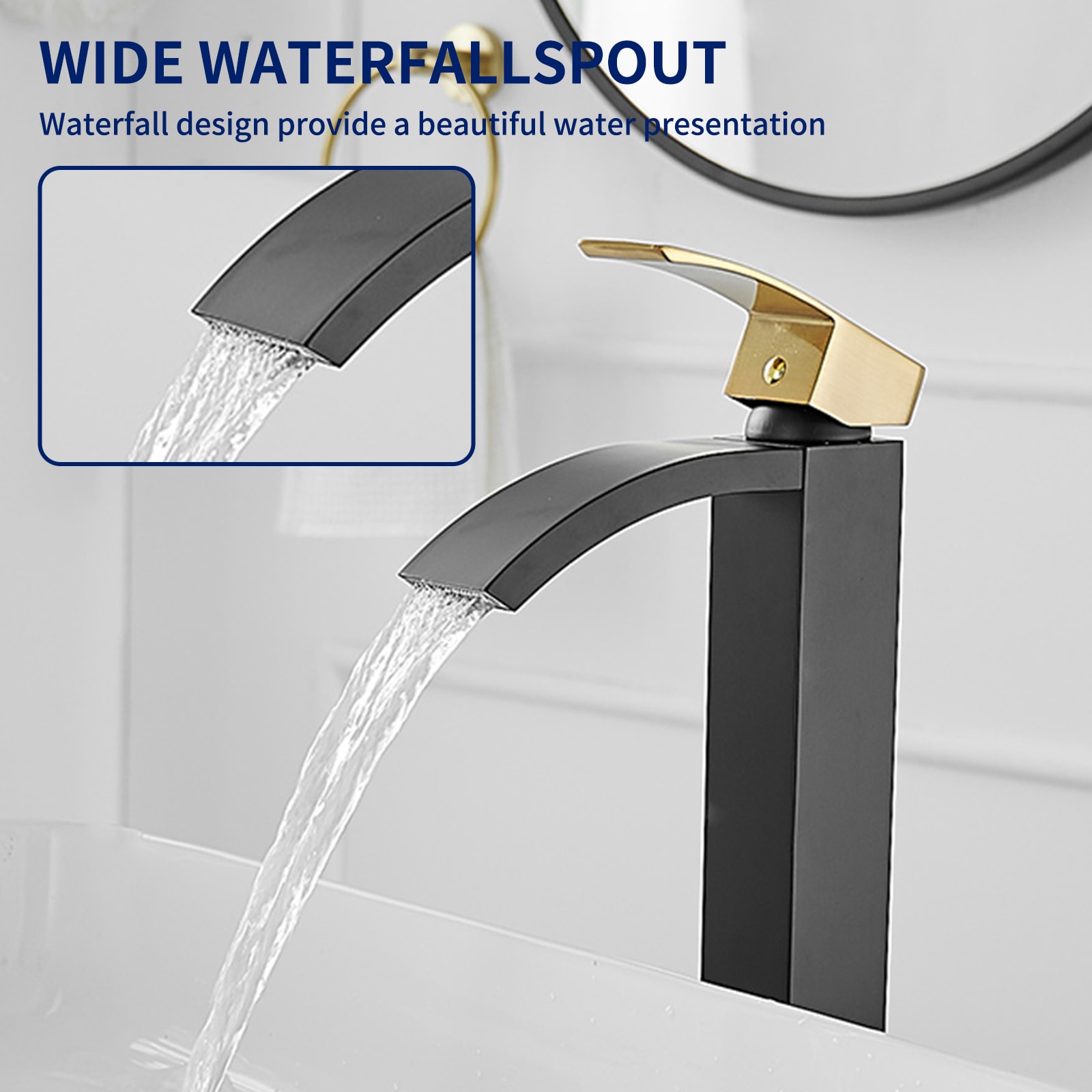 Gold and Black Waterfall Single Handle Vessel Sink Faucet