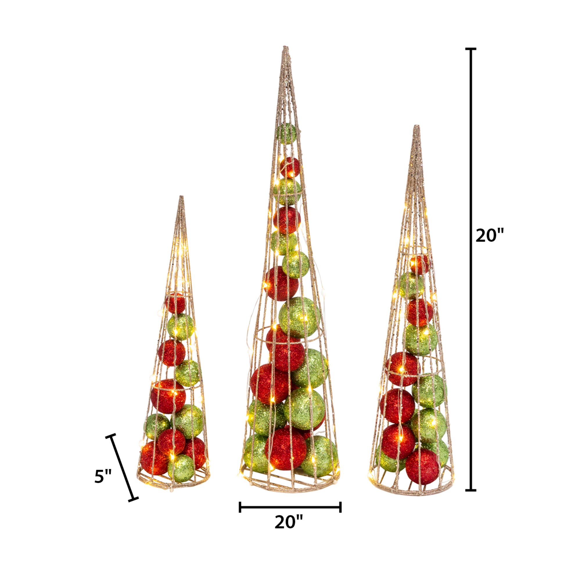 Set of 3 Lighted Red and Green Ornament Cone Trees