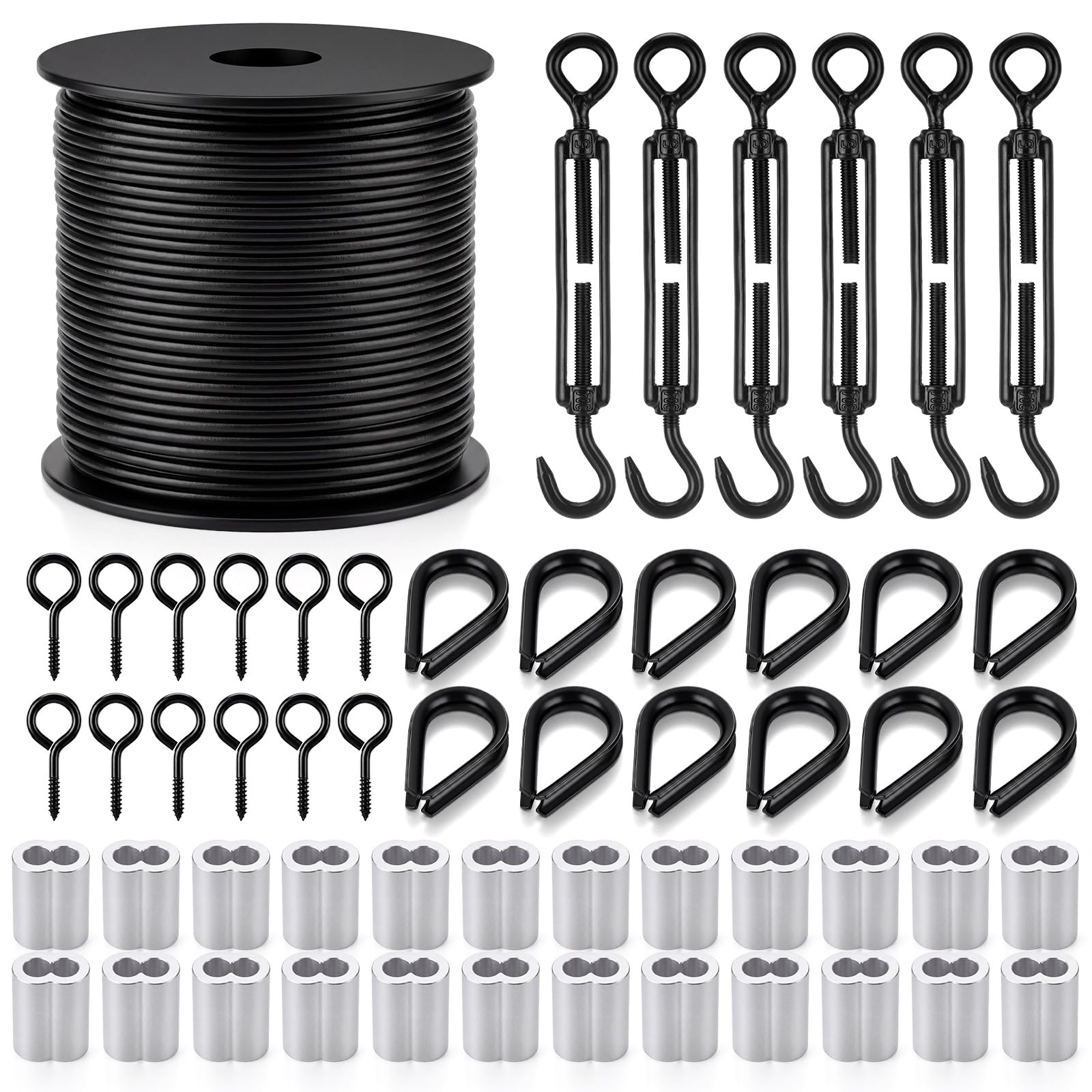 ITOPFOX  6 Pack Black Turnbuckle Wire Tensioner Kit 100ft 1 16 Vinyl Coated 304 Stainless Steel Cable with M5 Turnbuckles for Outdoor String
