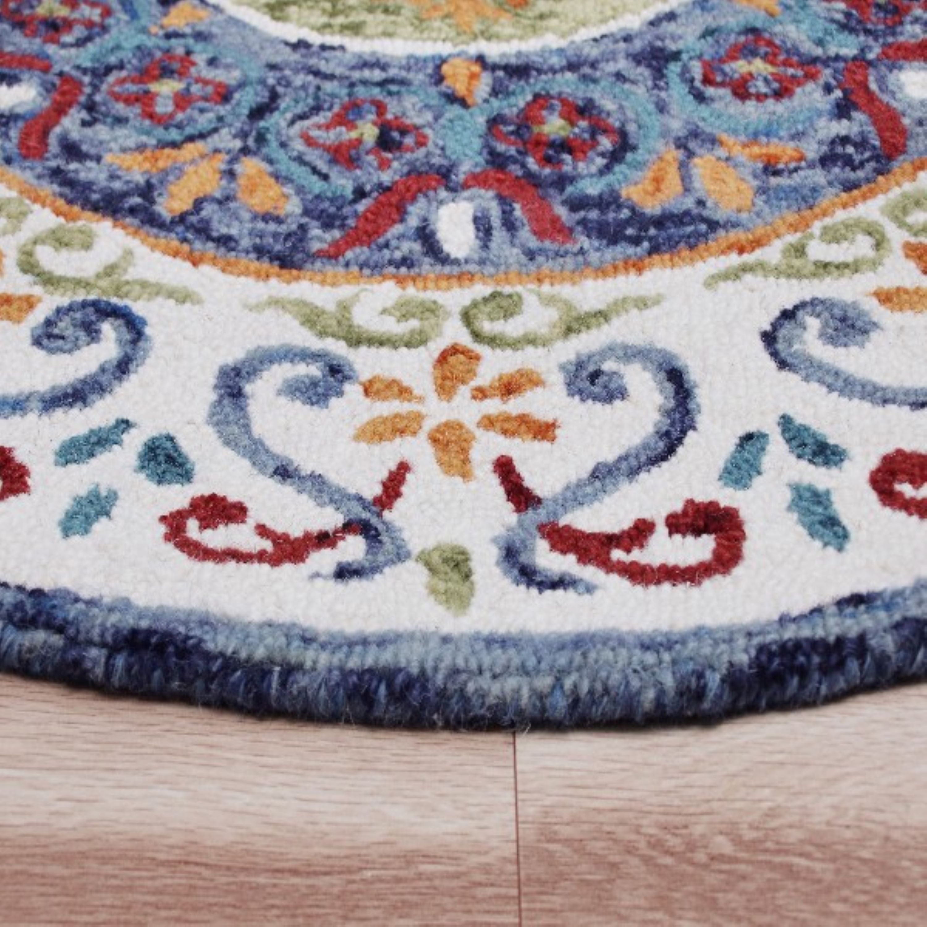 Handmade Blue and Multicolor Wool Round Medallion Rug