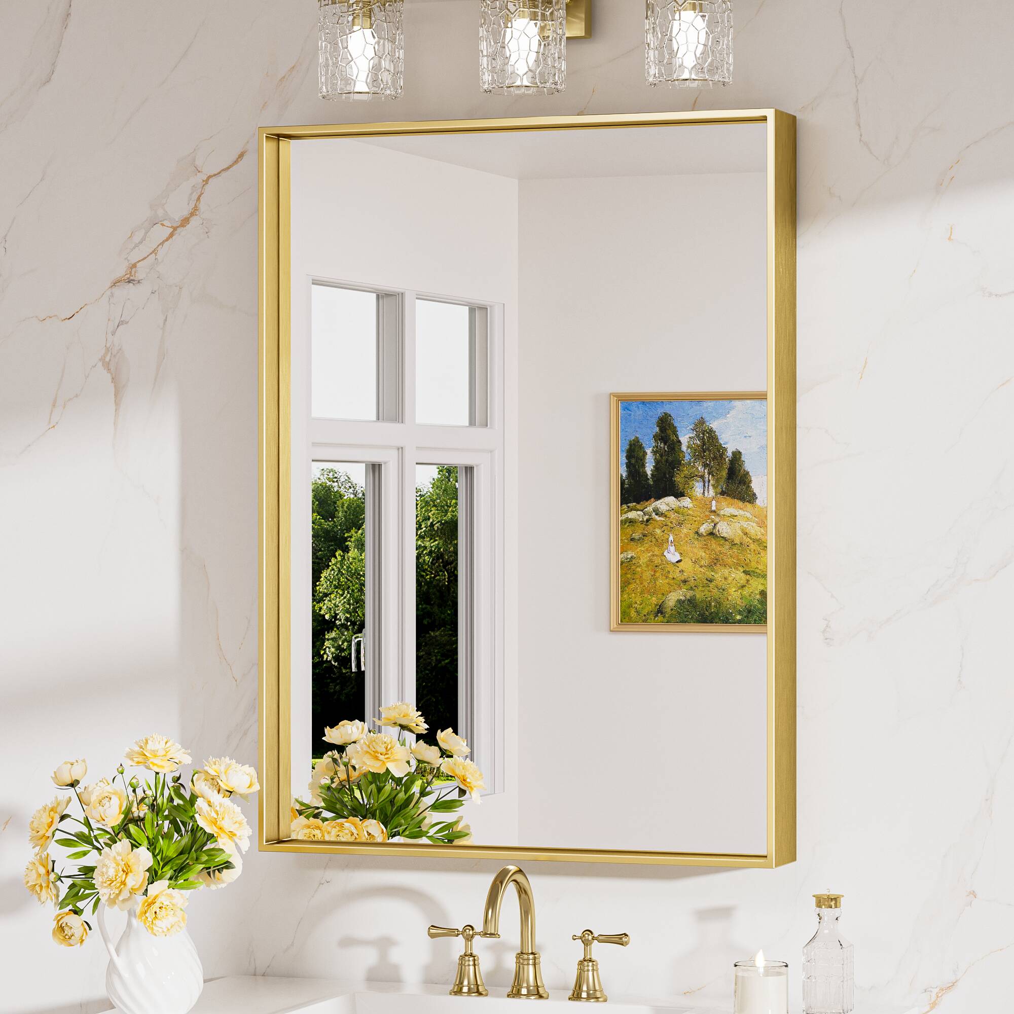 Keonjinn LW-JZ-JSKFJ-6181BD Bathroom Mirrors 24-in W x 32-in H Rectangle Brushed Gold Framed Wall Mirror