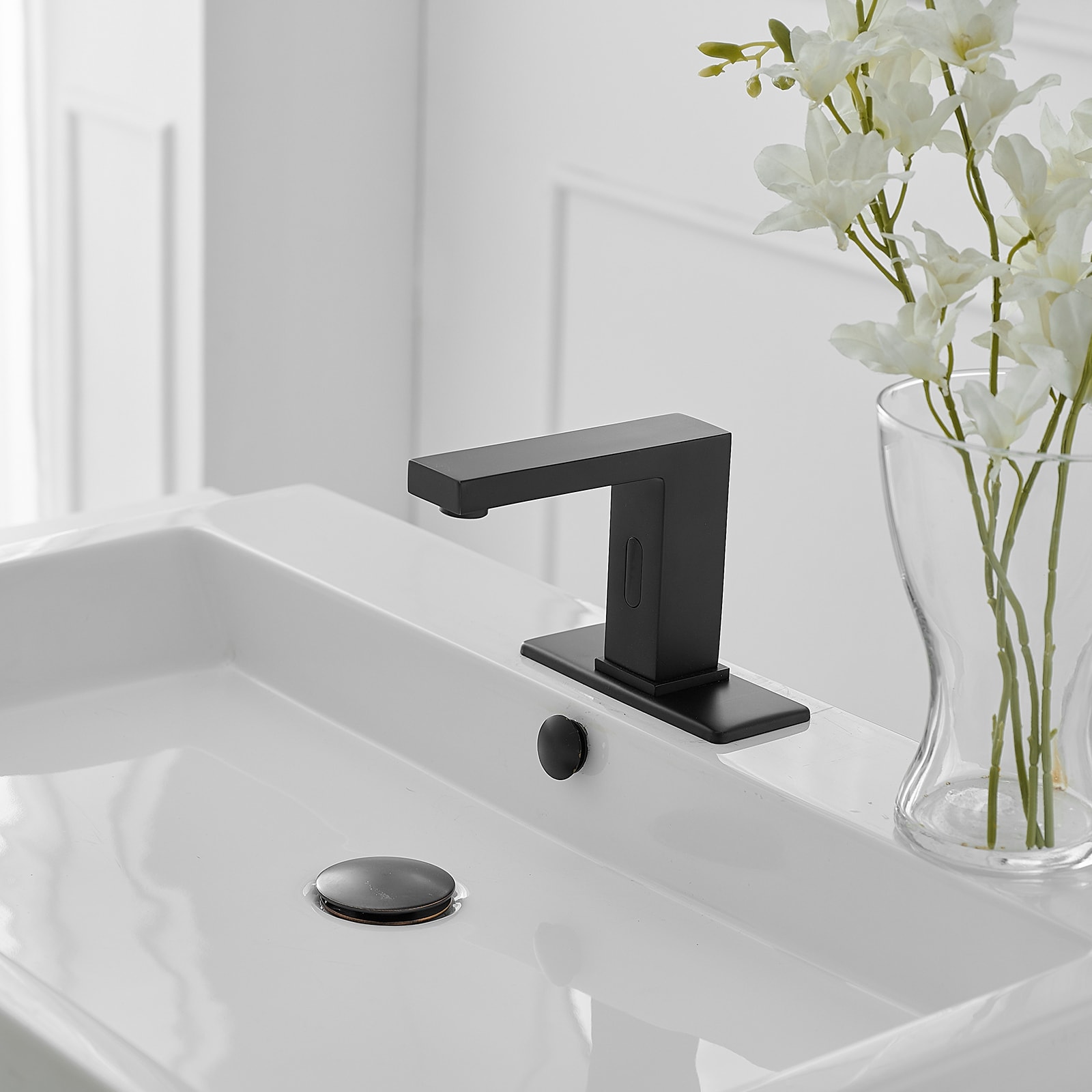 BWE Matte Black Single Hole Touchless Bathroom Sink Faucet With Deck ...