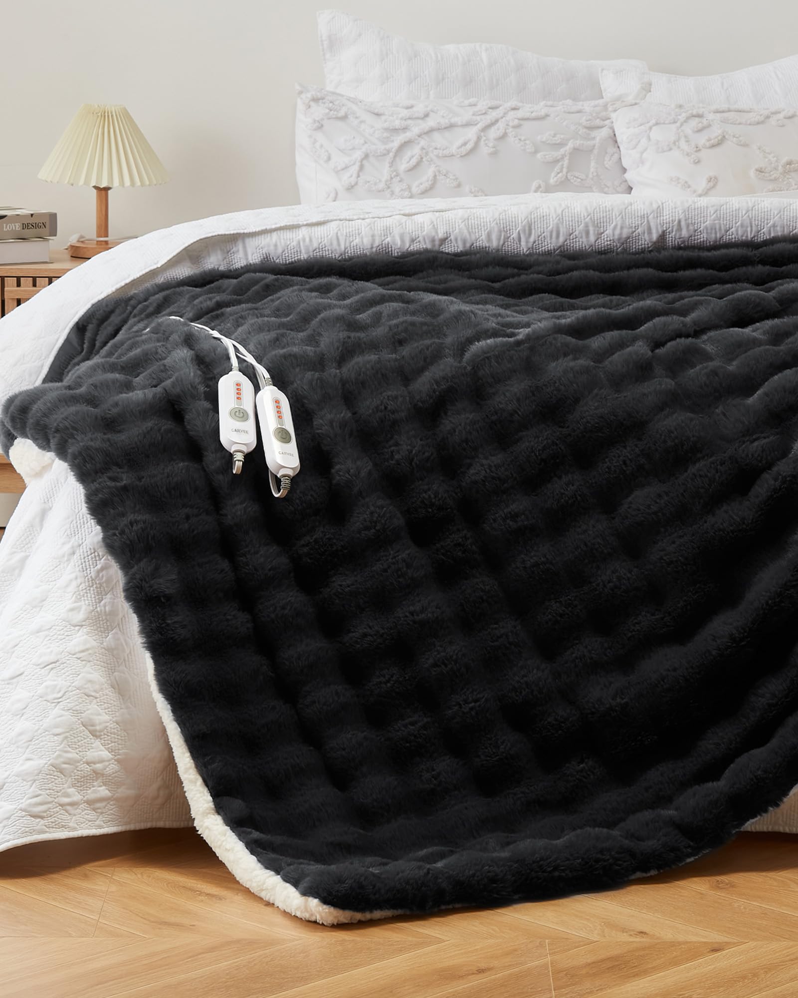 IdealHouse Gray Queen Size Faux Fur Heated Electric Blanket 84x90 Inch 4 Heat Settings 4H Auto Off Overheat Protection Machine Washable