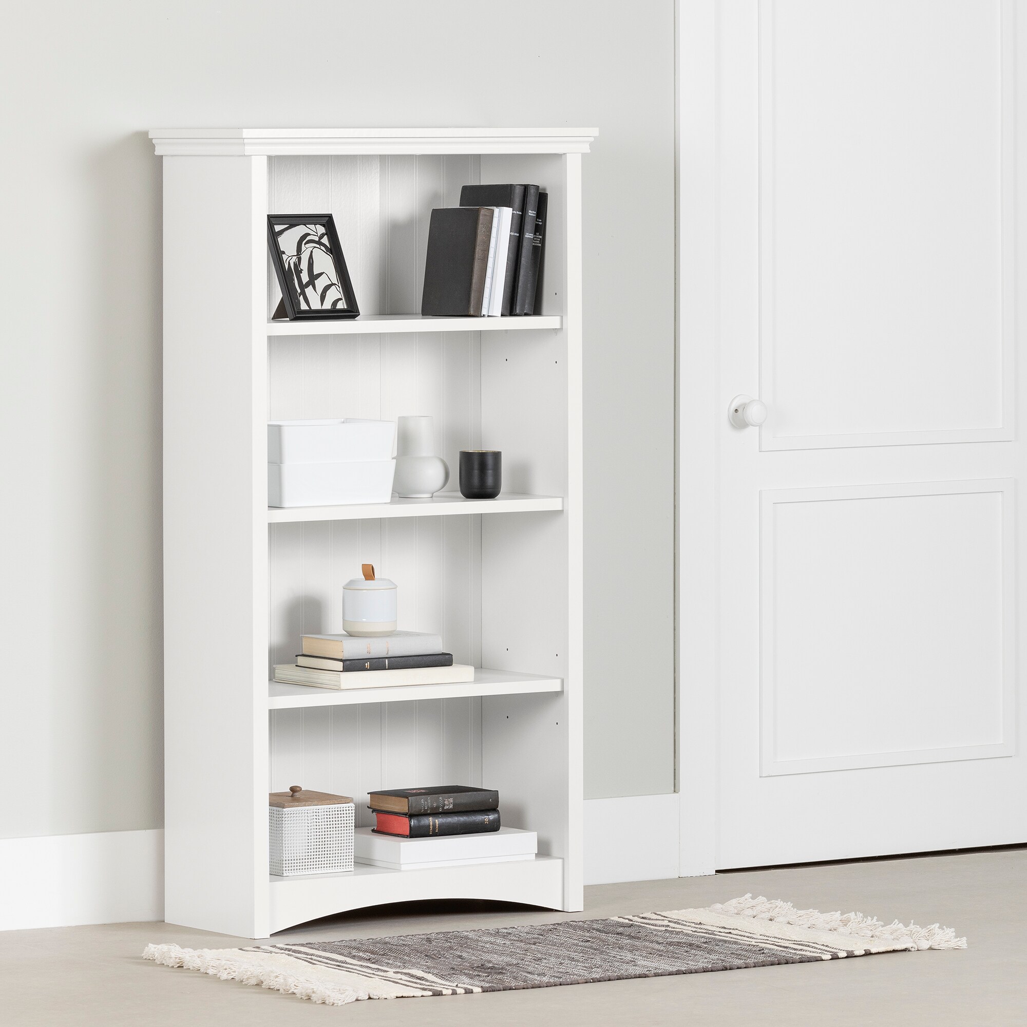 Pure White Adjustable 4-Shelf Wood Bookcase