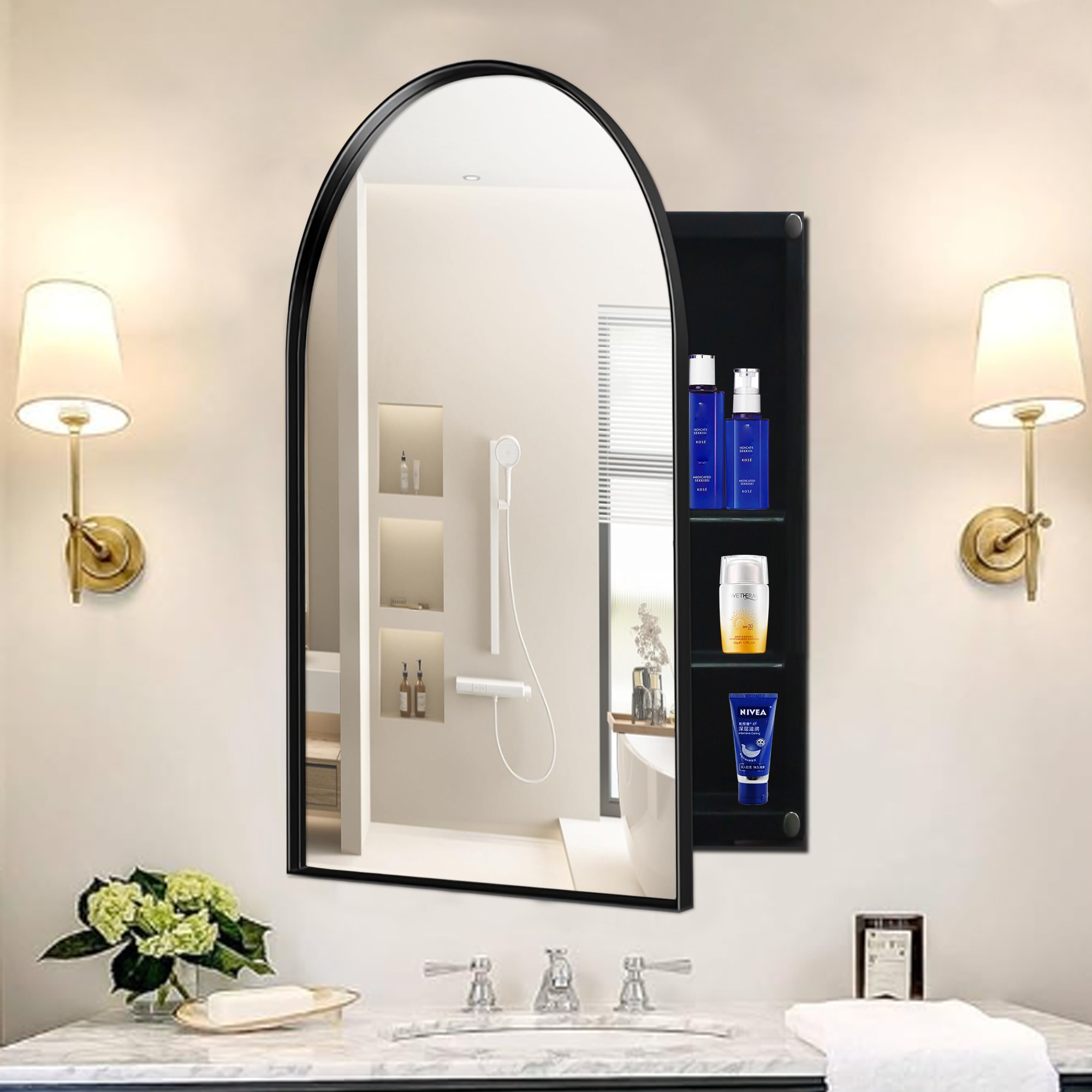 AAZJ JKF-MC2026BL FS 24-Inches x 36-Inches Surface/Recessed Mount Black Mirrored Arched Medicine Cabinet