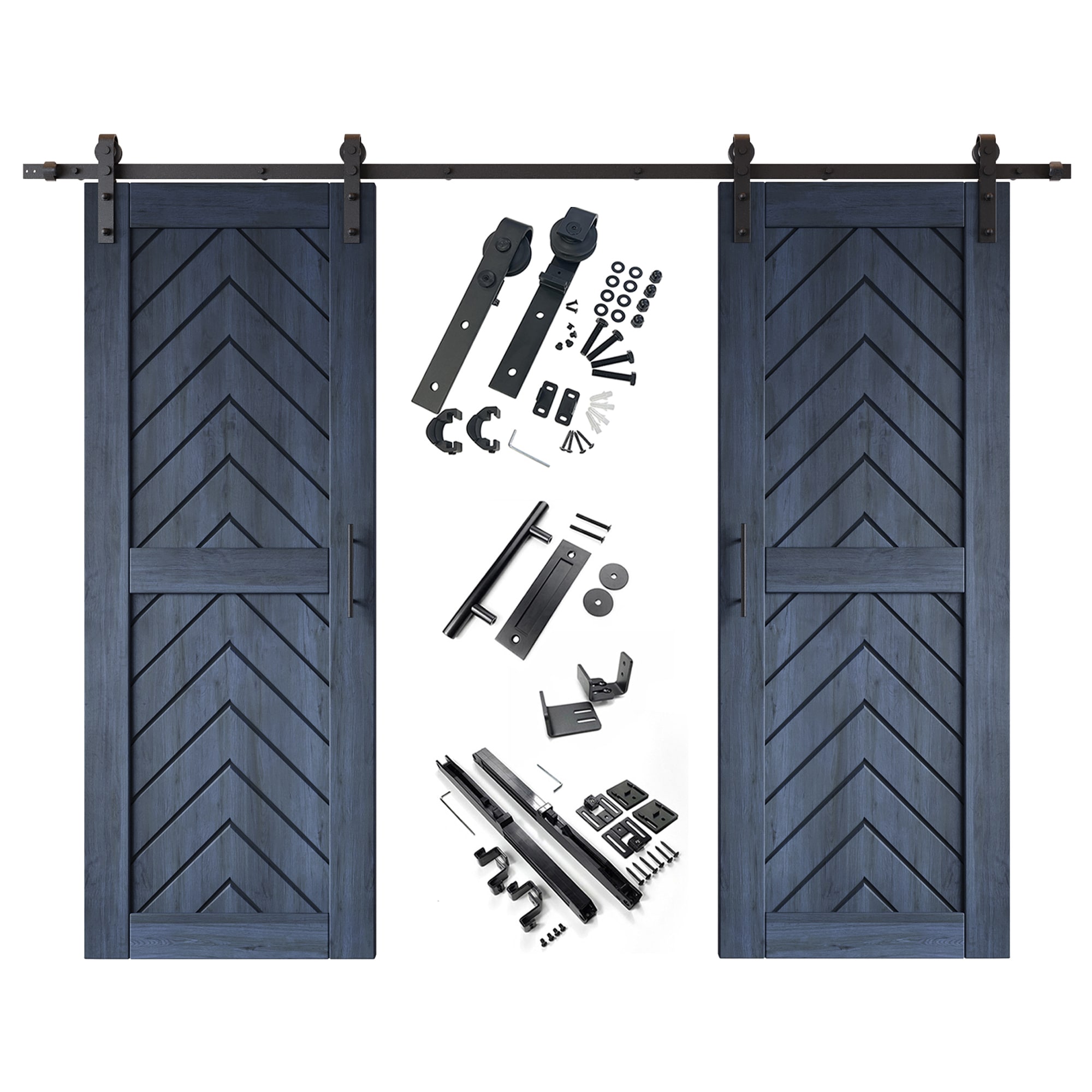 HOMACER YT2H132C-JT1-3080-NA 30-in x 80-in Navy Herringbone Pine Wood Solid core Double Barn Door (Hardware Included)