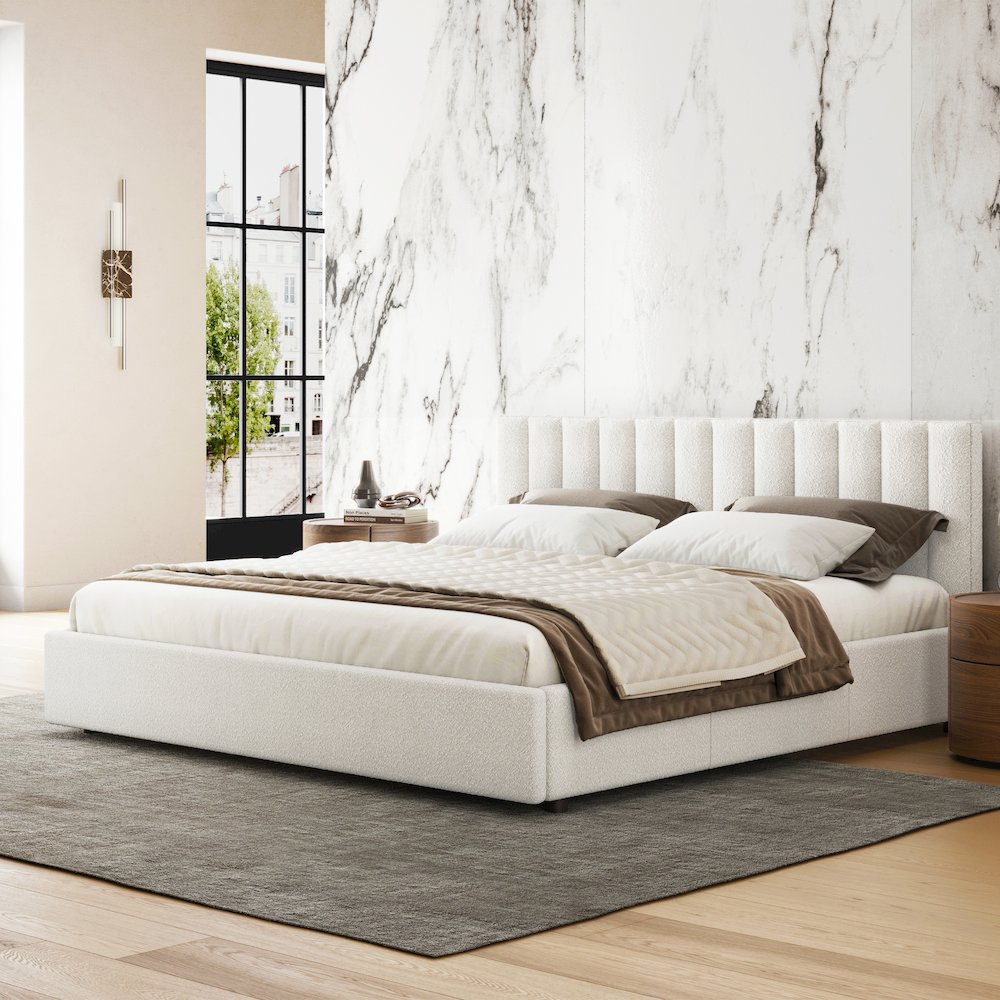 Omax Decor Liana Upholstered Platform Bed – King Size White Boucle Fabric Bed With Wooden Slats