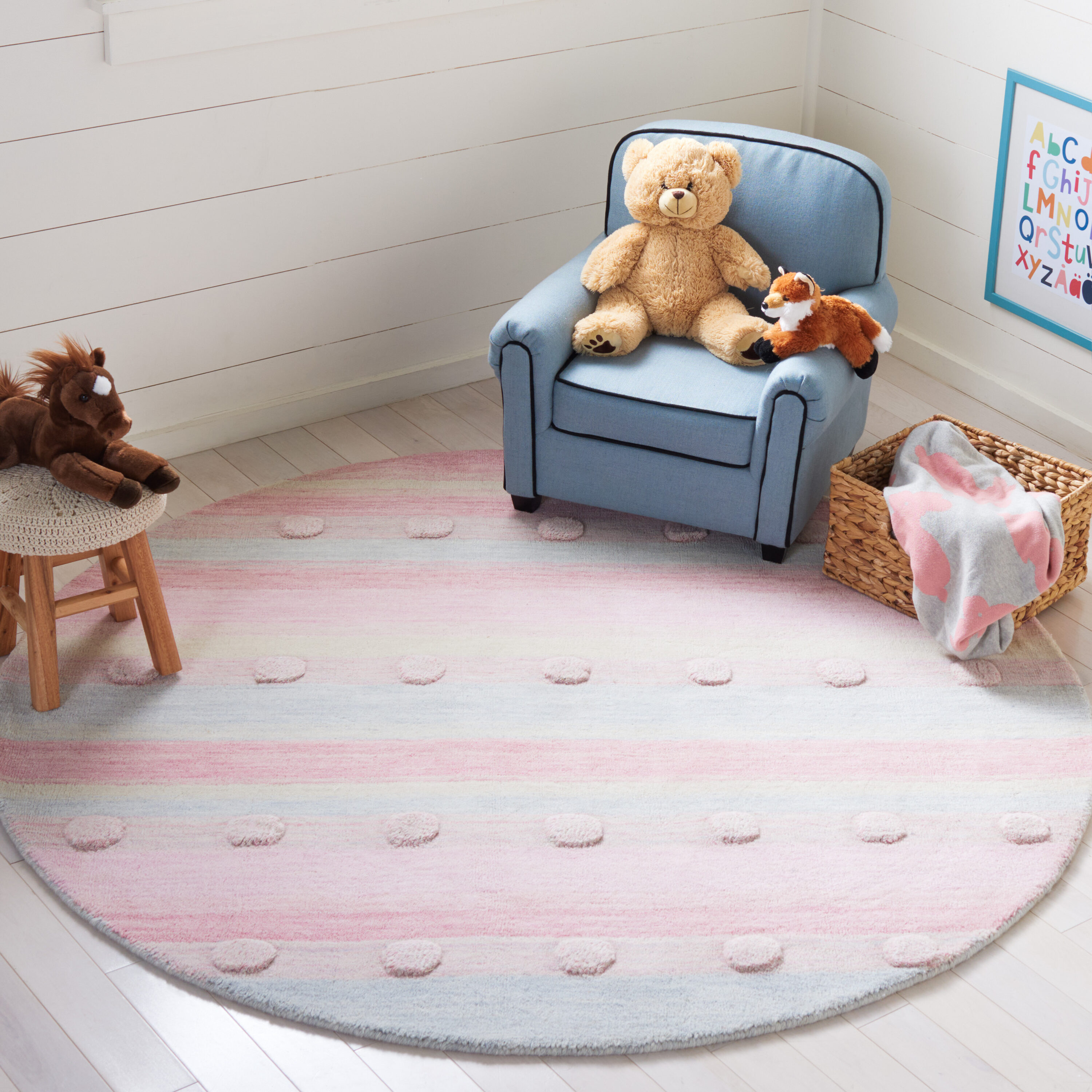   Kids 801 Light Blue/Pink Contemporary 5ft x 5ft Round Rug