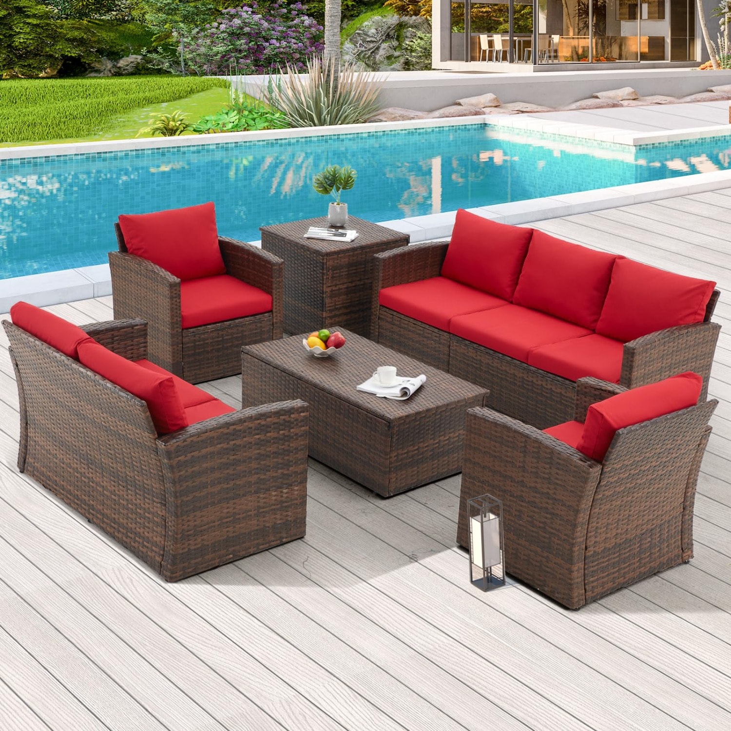 AECOJOY 16080RD-LS01 Conversation Set Outdoor Sectional with Red Cushions and Wicker Frame