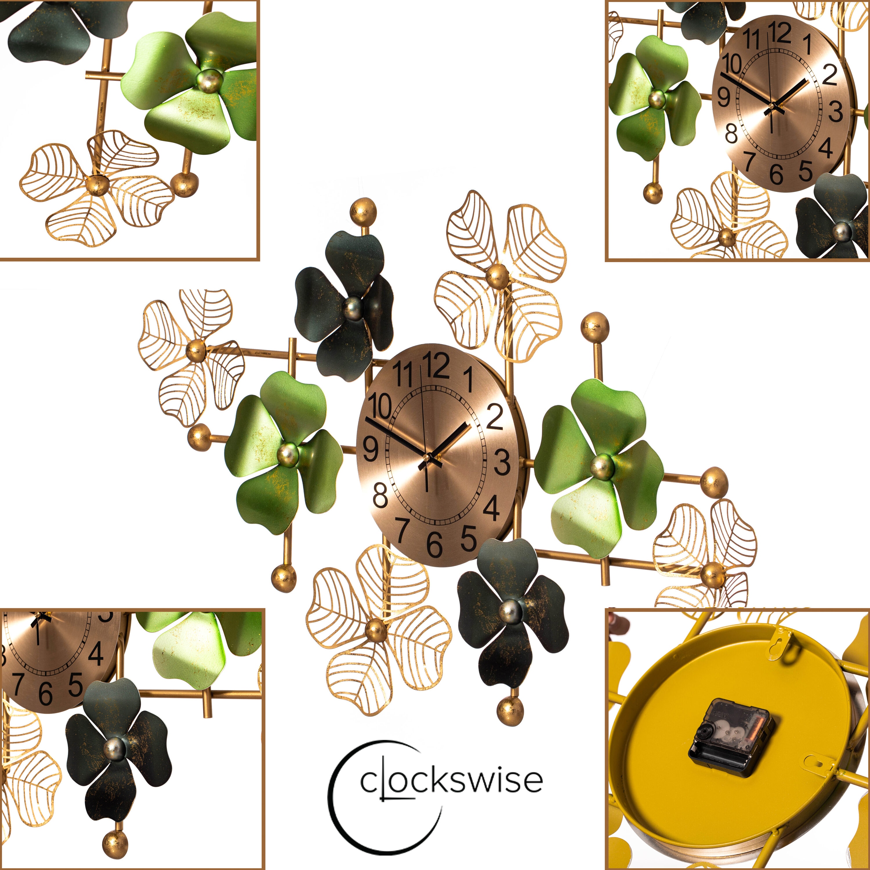 Oversized Gold and Green Metal Leaf Art Wall Clock