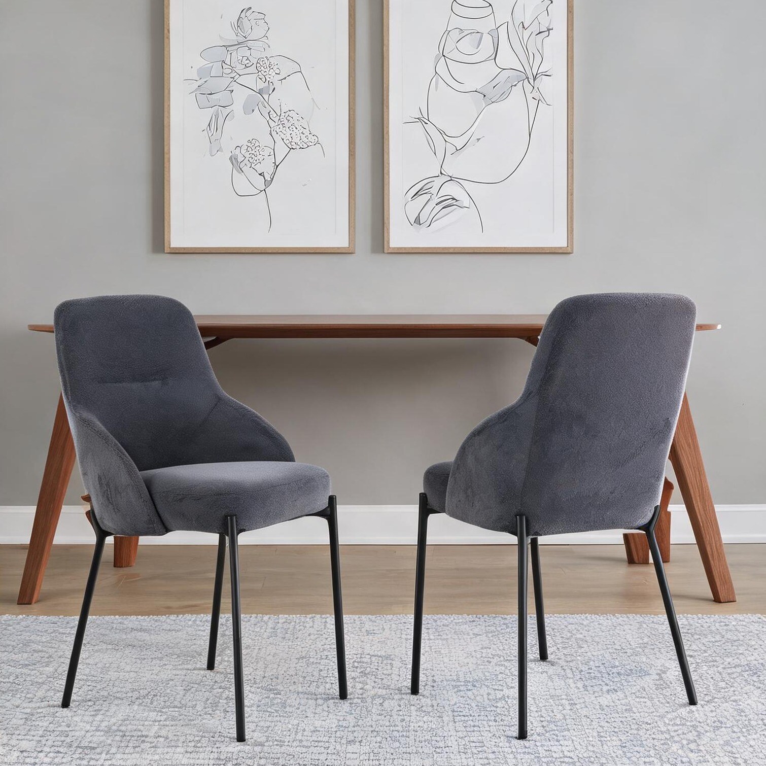 Watnature - Dining room chair set of 2 in neutral gray fabric with black metal legs