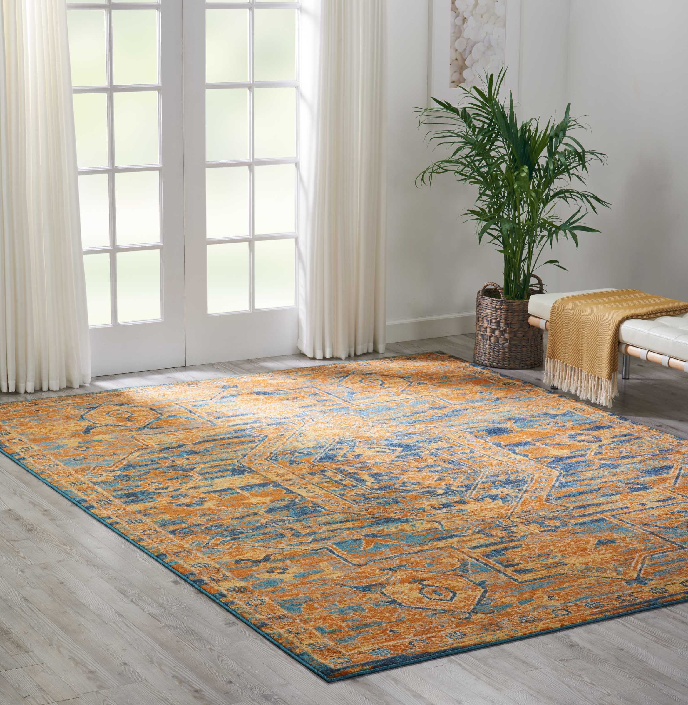 Teal Blue Geometric Rectangular Reversible Synthetic Rug