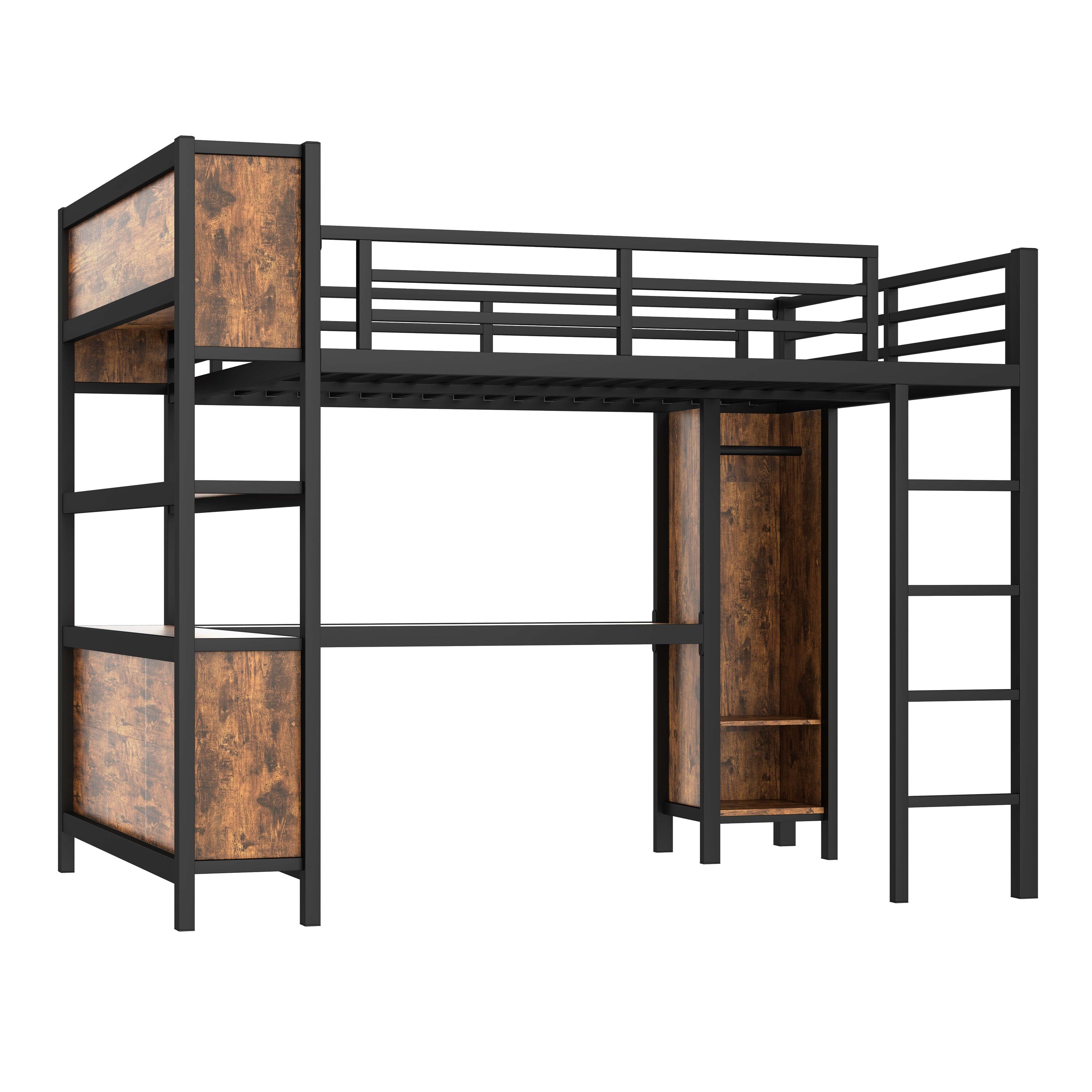 Horizons Prime Queen Black Woodgrain Metal Loft Bed with Wardrobe and L-shaped Desk with Storage Cubes and Shelves