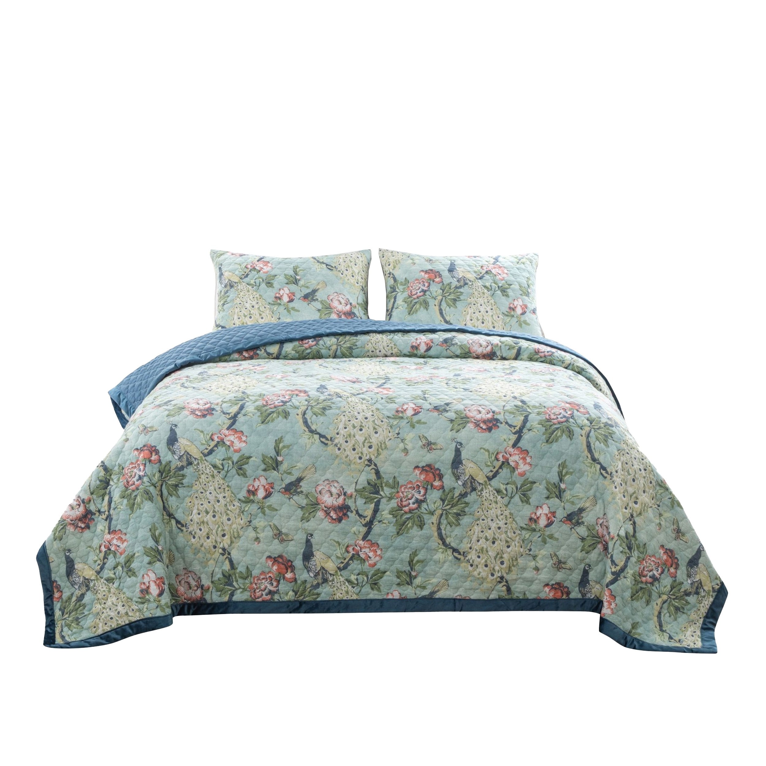 Benzara BM294315 3 -Piece Green, Blue King Quilt Set