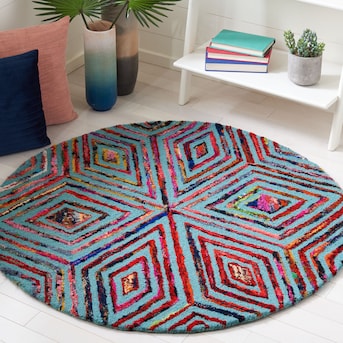 Safavieh 4 x 4 Blue Round Indoor Abstract Bohemian/Eclectic Area Rug in ...