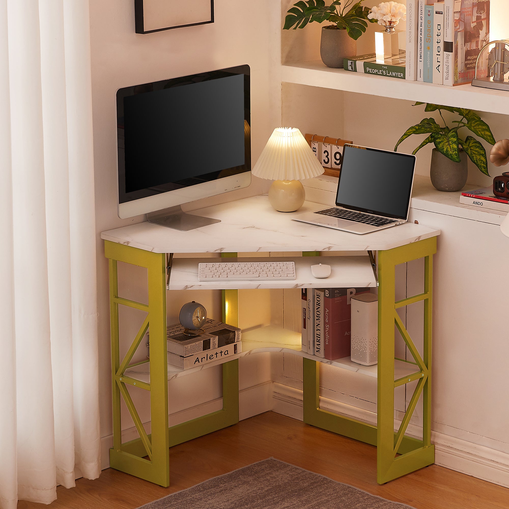 Vecelo LOE-XJM-CD03-GLD Small Corner Computer Desk with Keyboard Tray Triangle Corner Table with Shelf for Small Space