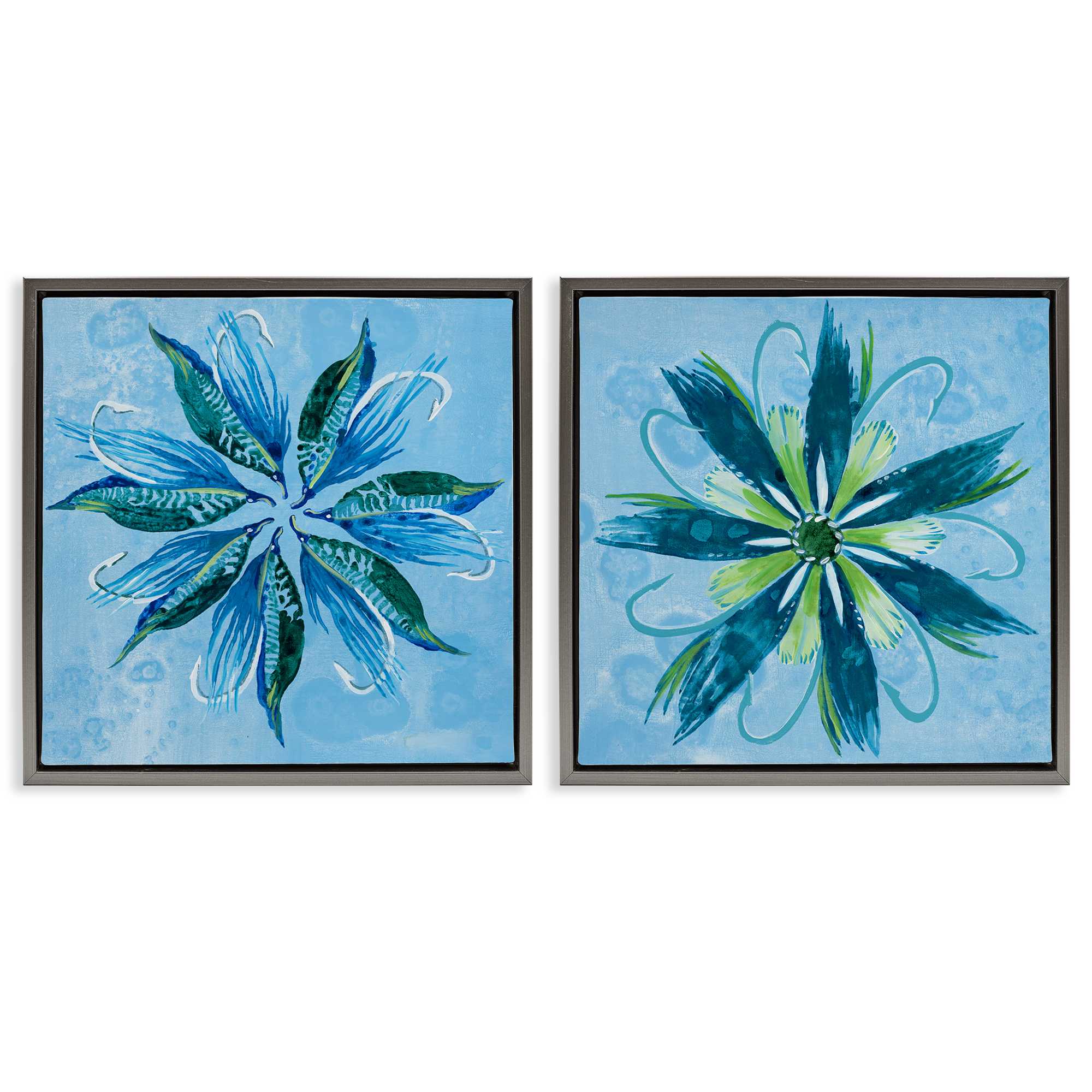 Stupell Industries B2-790-FFL-2PC-17X17 Whimsical Flower Shapes 2 Piece Gray Framed Floater Canvas Set By Liz Jardine 18 x 18