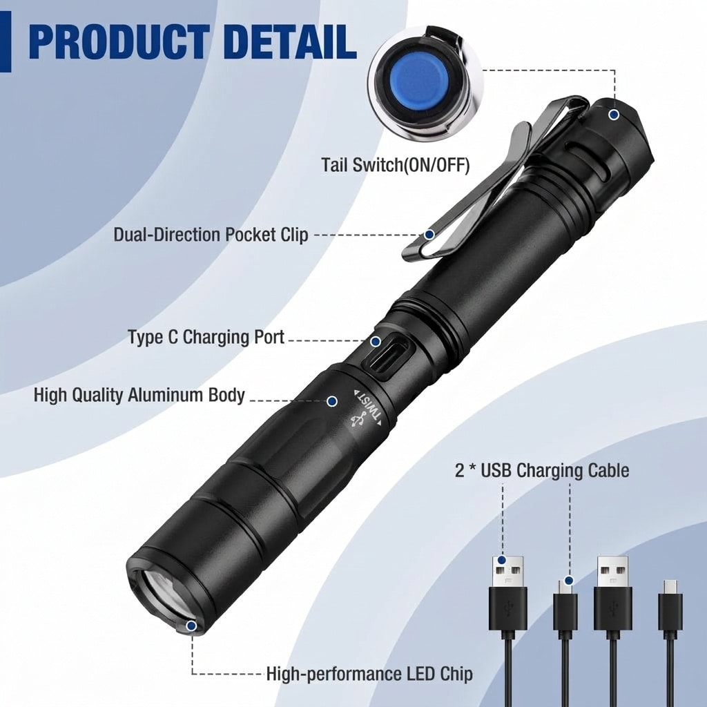 AOIZGMY 2 Pack Rechargeable Mini Pen Flashlight 300 Lumens 4 Modes ...