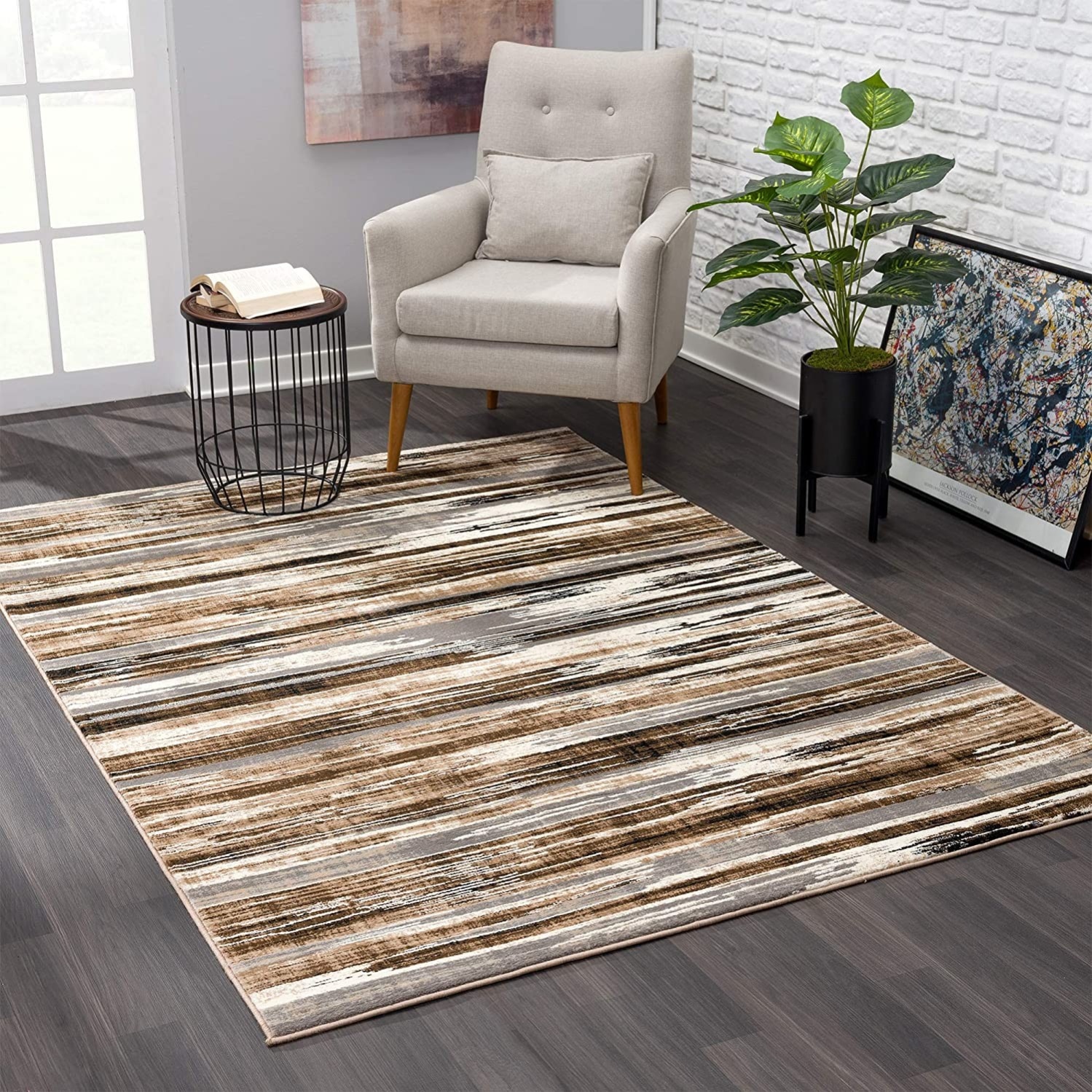 HomeRoots 4000393992 4 x 6 (ft) Olefin Beige Rectangular Indoor Stripe Area rug