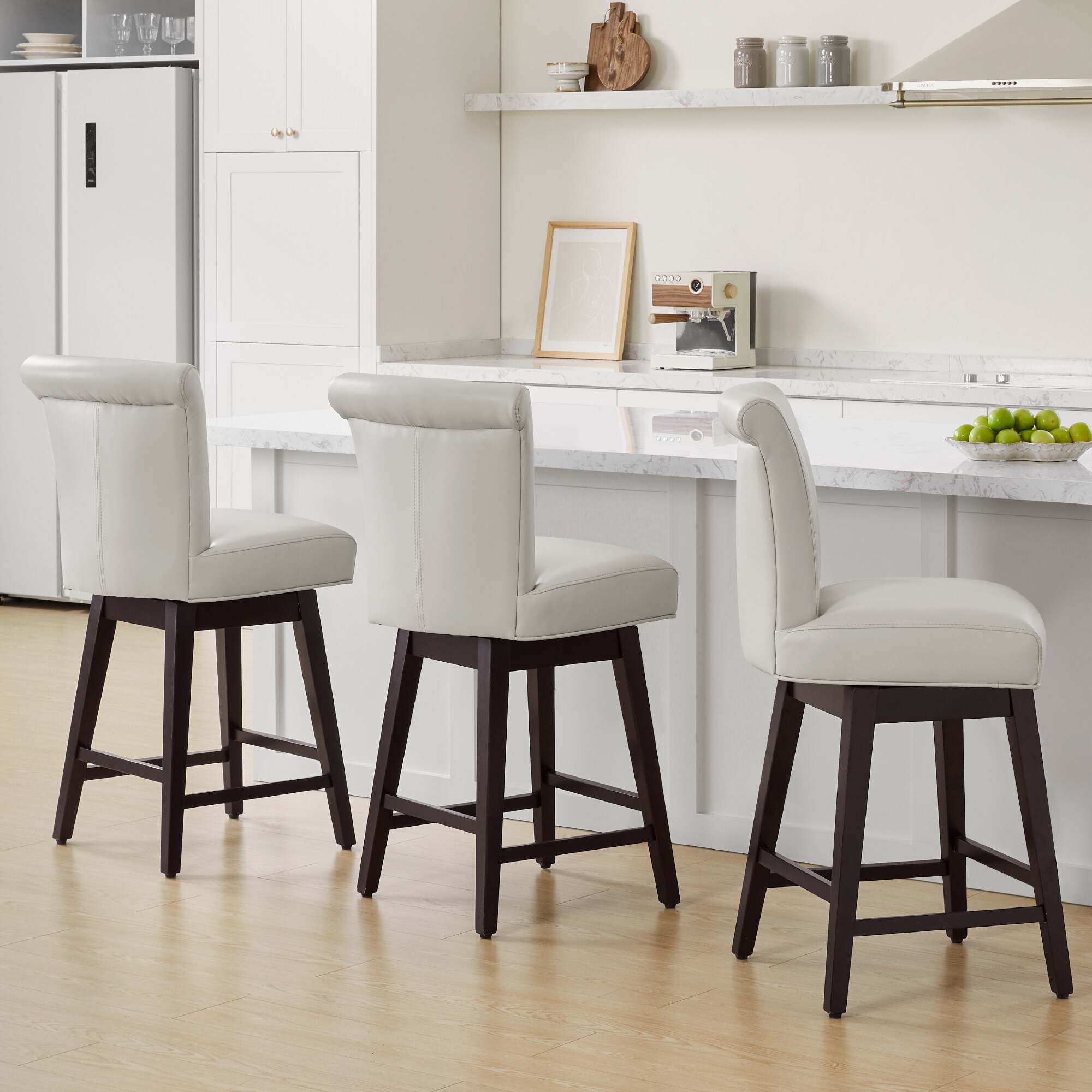 Circle 55 3-LWSY606D-PU159 3 -Set Creamy Gray 26-in H Counter height Square seat Upholstered Swivel Wood Bar Stool and Back
