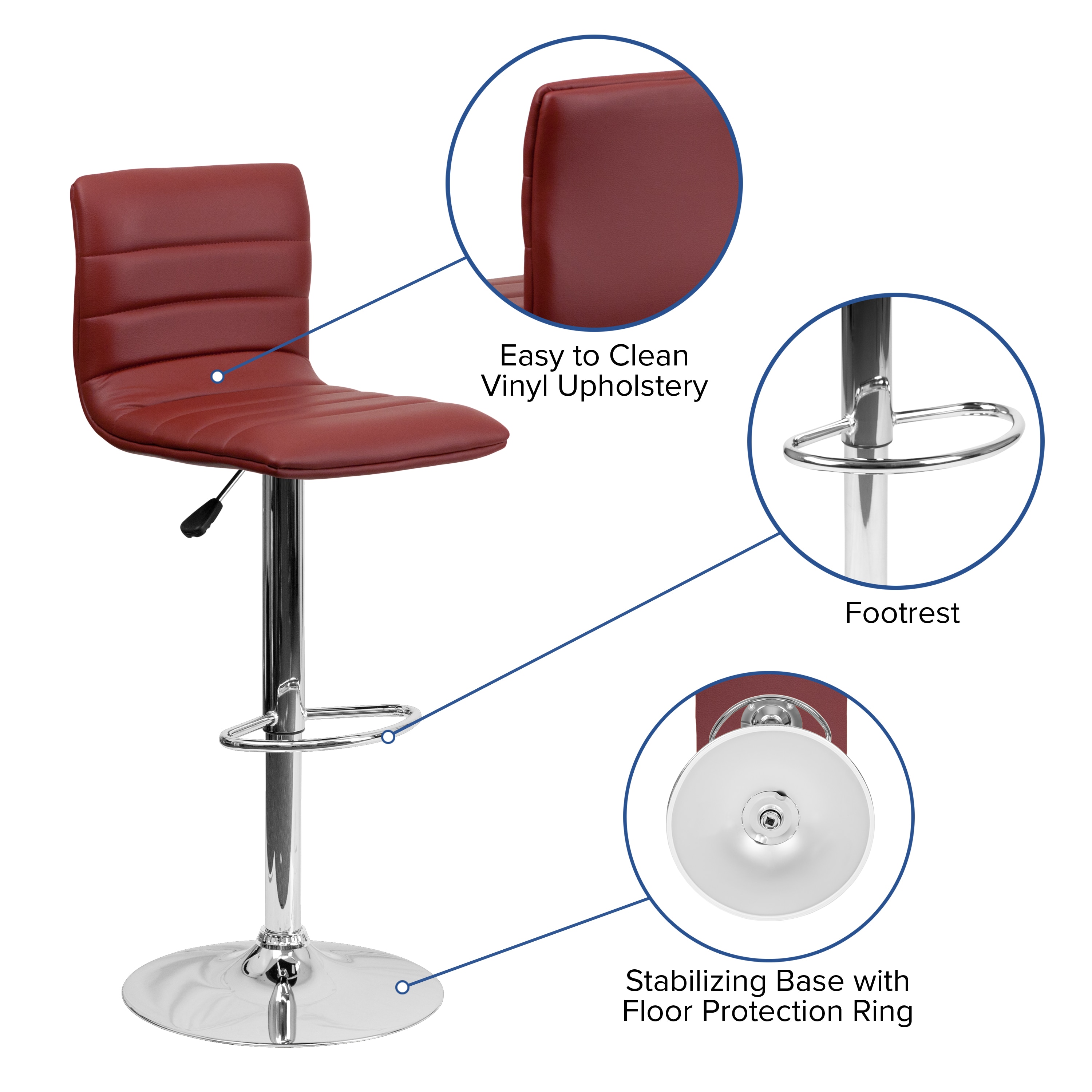 Burgundy Vinyl Adjustable Swivel Barstool with Chrome Base