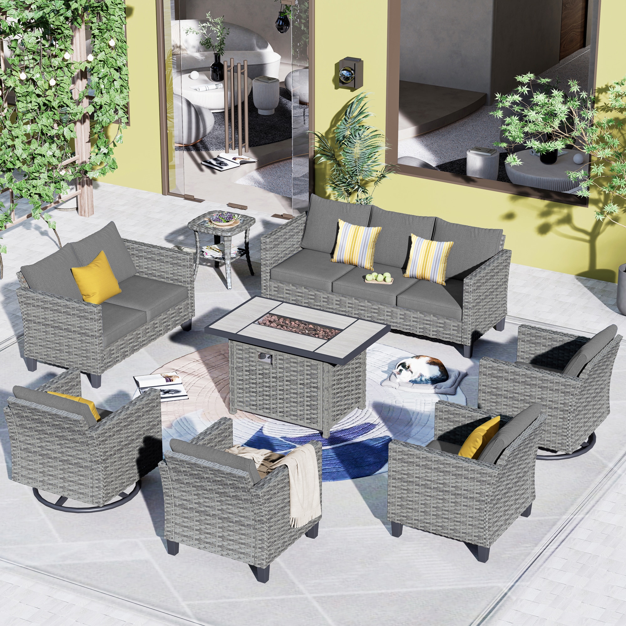 Pouuin SRFPYZGRS2011 8-Piece Rattan Patio Conversation Set with Blue Cushions