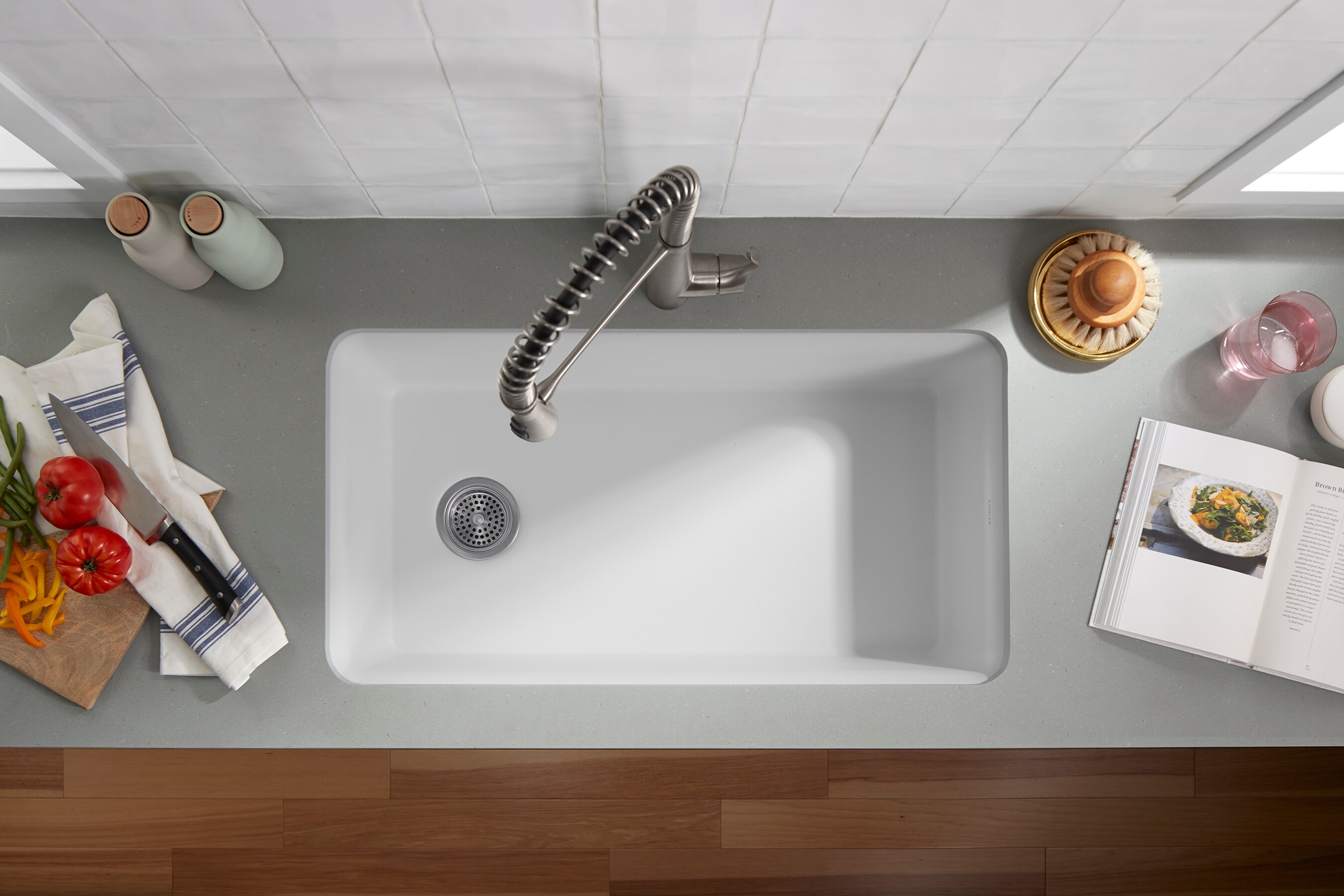 Cairn Matte White 33.5" Undermount Single-Bowl Kitchen Sink with Rack
