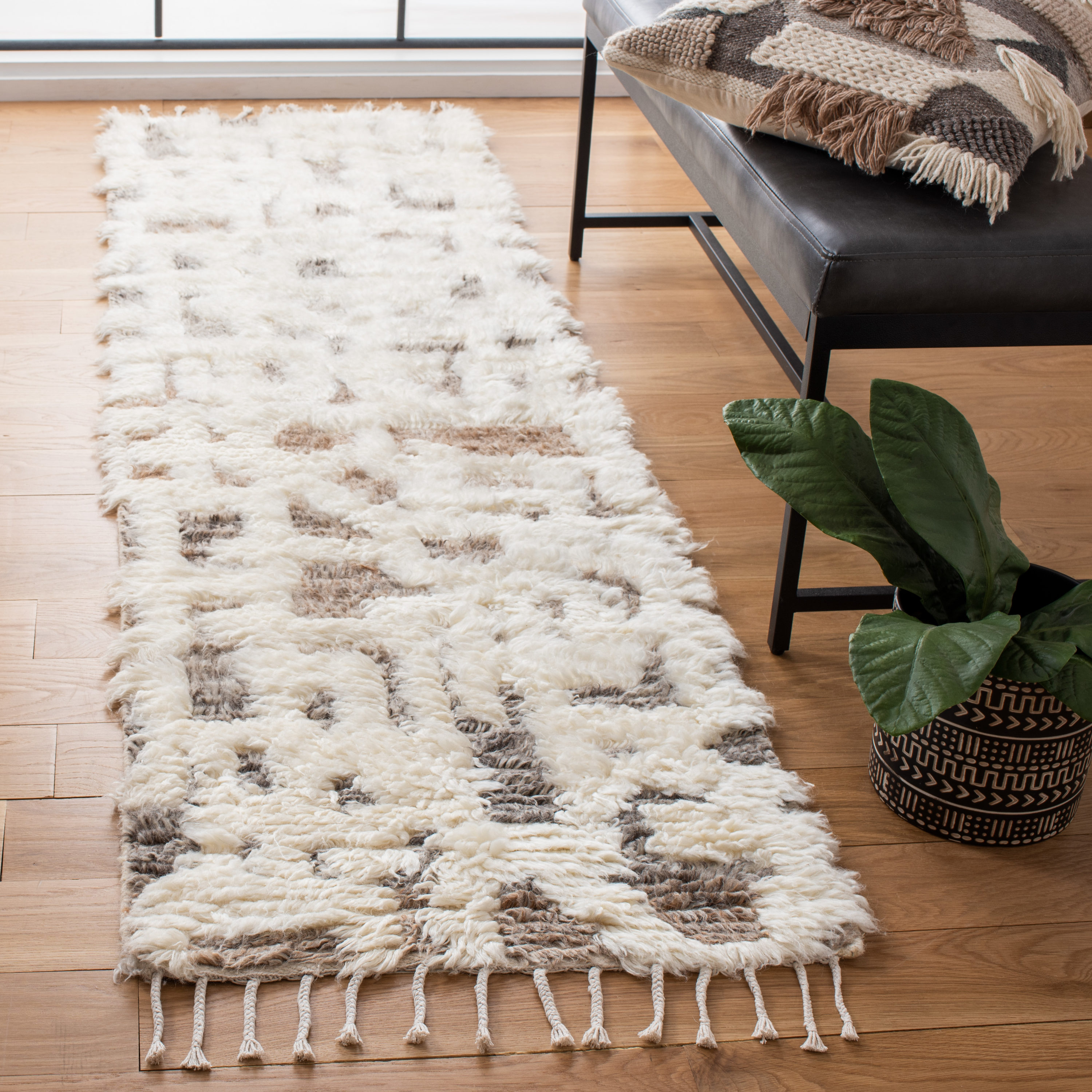 Ivory and Grey Hand-Knotted Wool Shag Runner Rug