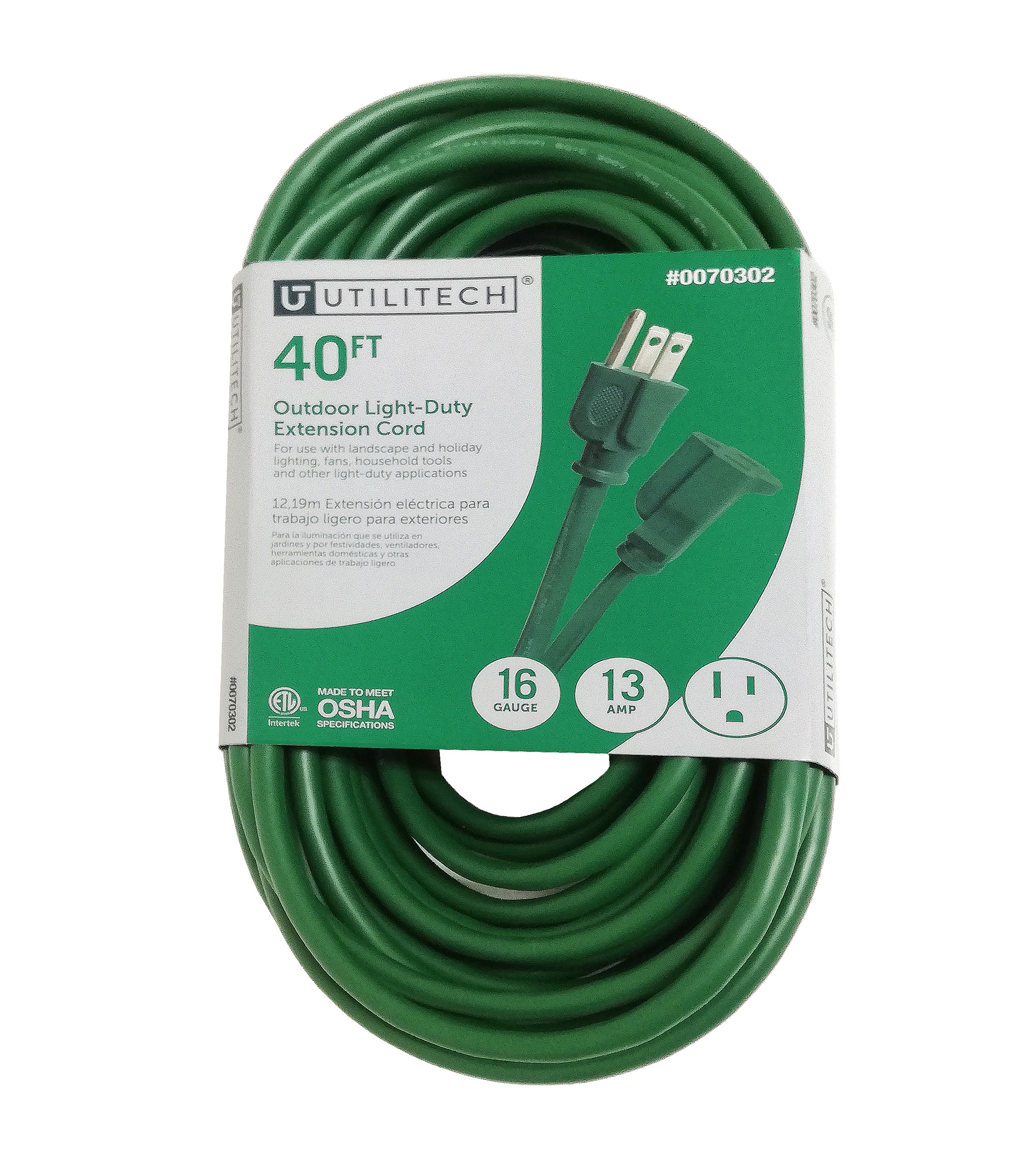 Utilitech 0066 Extension Cord 40-ft 16 / 3 3 Prong Green Outdoor SJTW Light Duty General Extension Cord