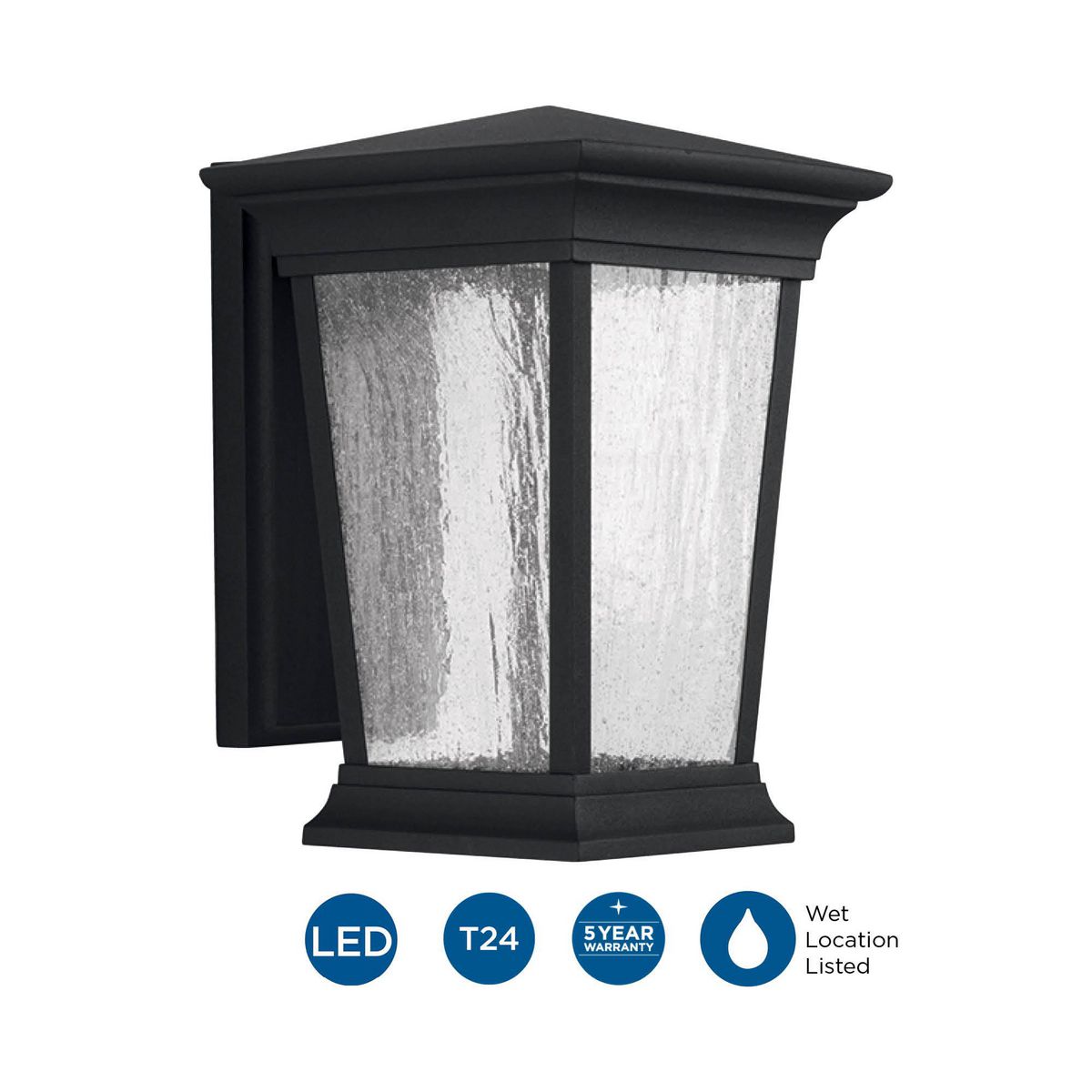 Black Aluminum LED Outdoor Wall Lantern with Textured Glass