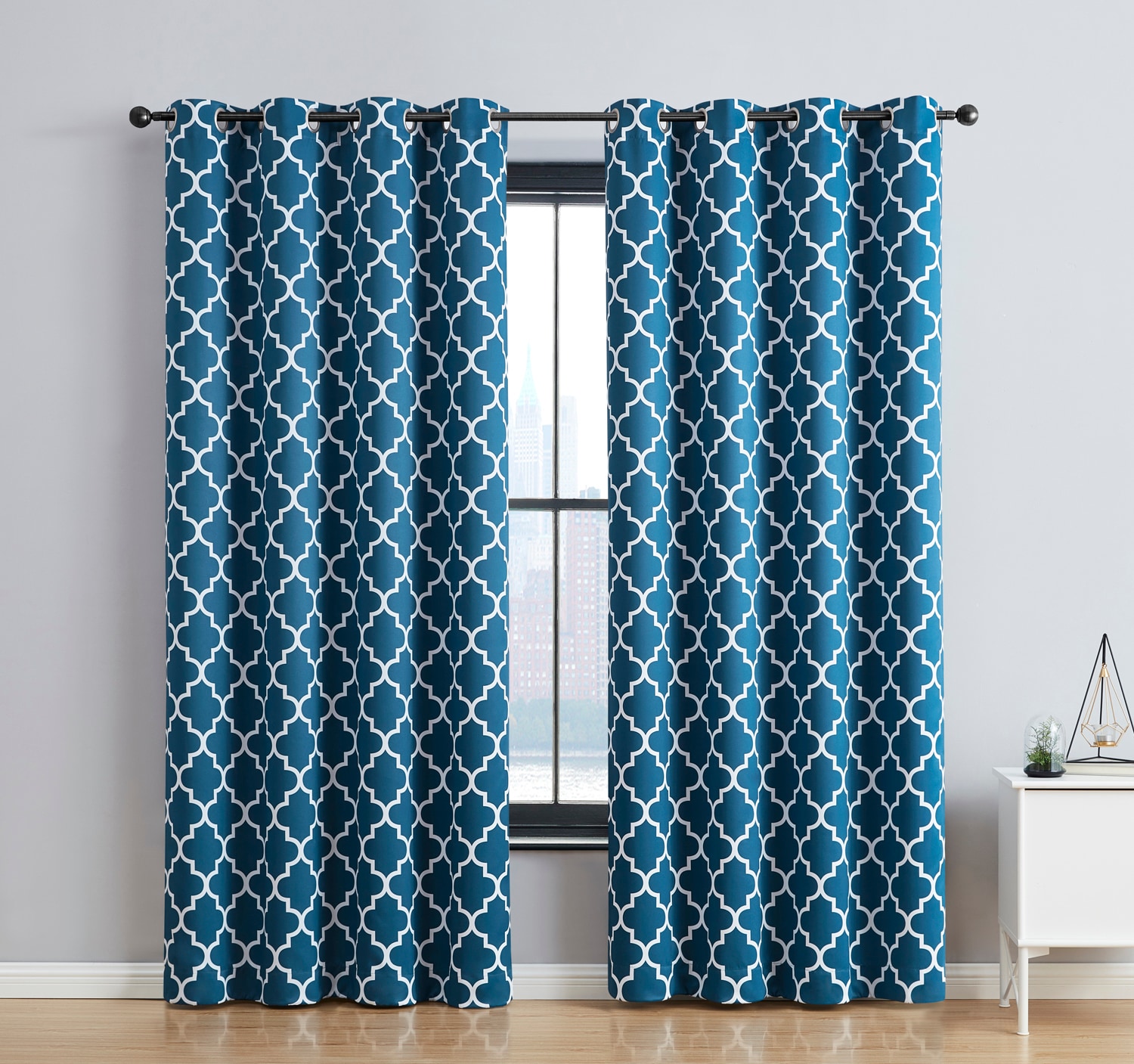 Hlc.me 54-in Dark Teal Blue Geometric Room Darkening Grommet Curtain 