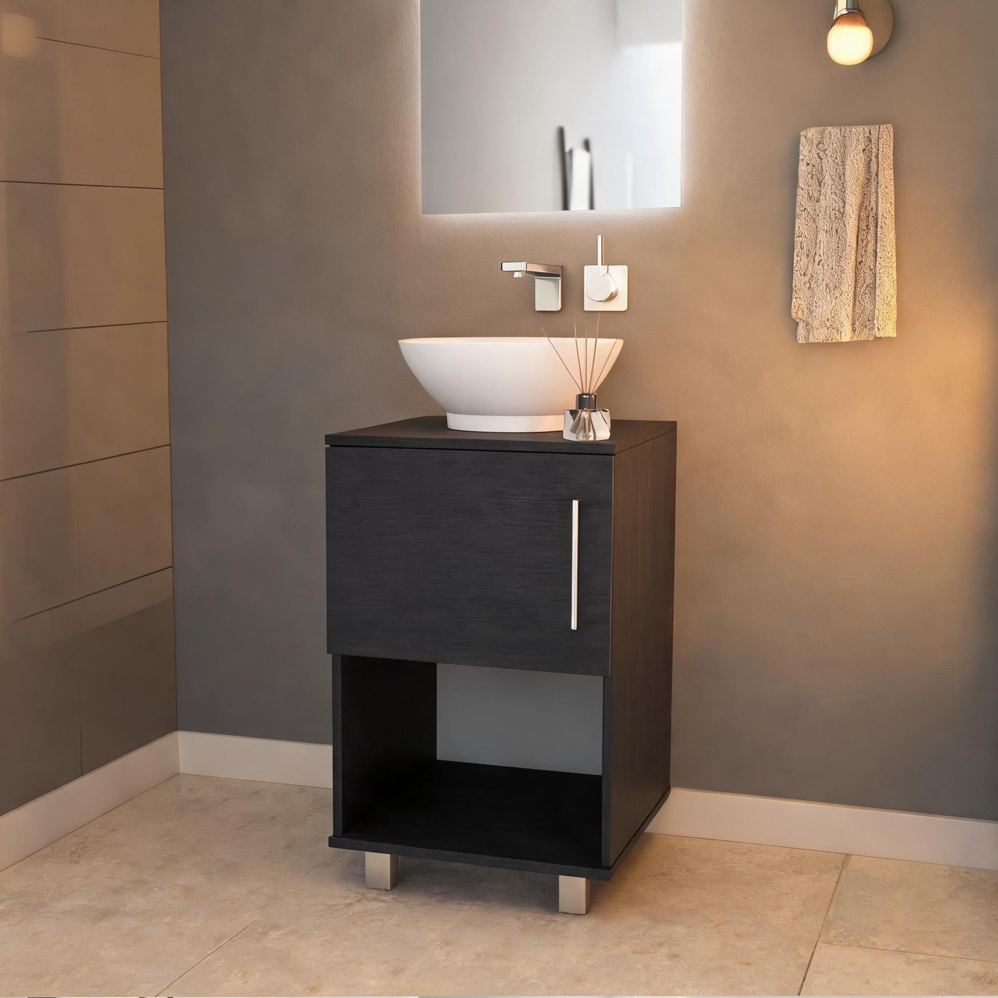 Naturefalls - Contemporary Single Bathroom Vanity with Open Shelf and Cabinet Matte Black Particl...