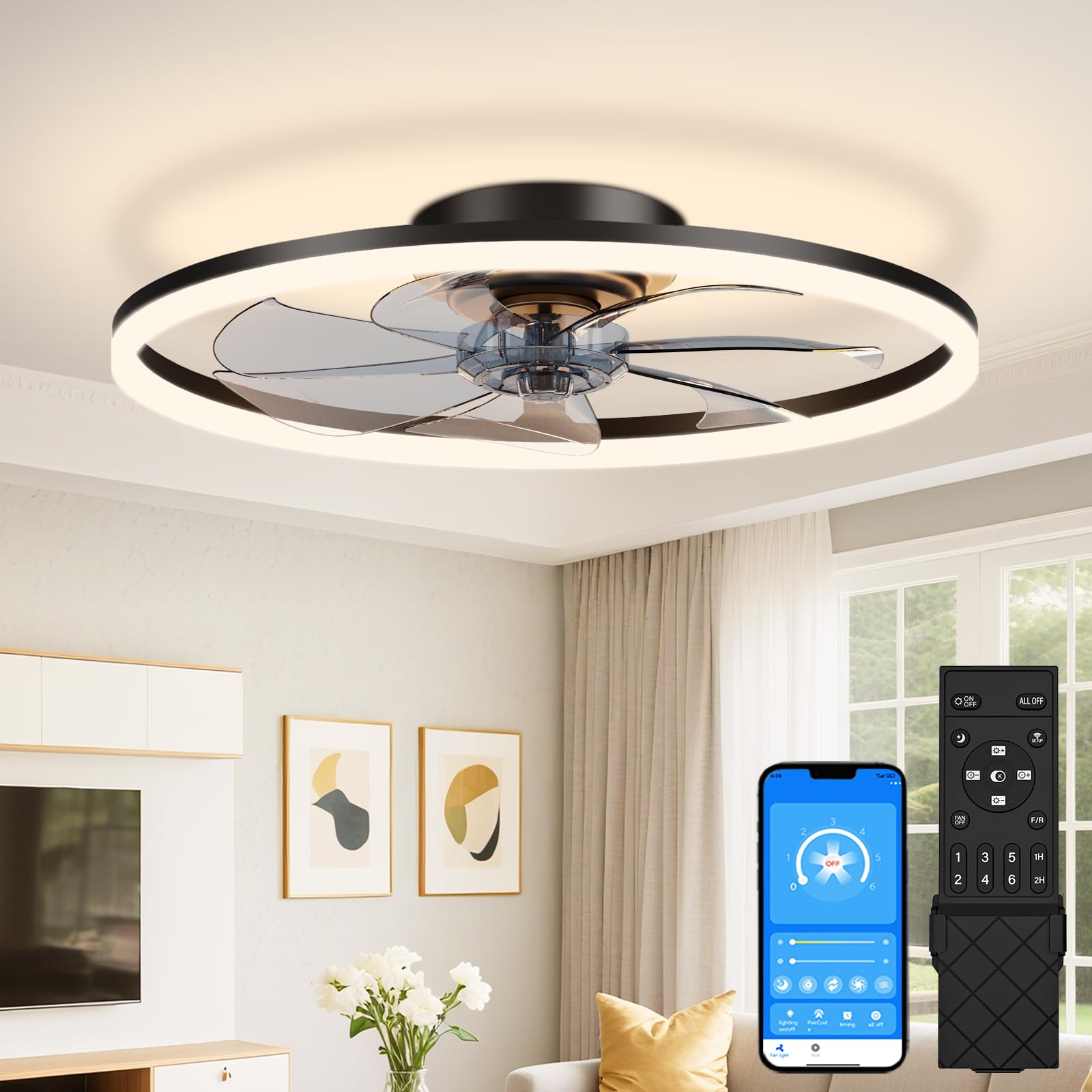 Adrinfly  Low Profile Ceiling Fan with Light and Remote 24in Fandelier Flush Mount LED Fan Light Black Bladeless for Bedroom
