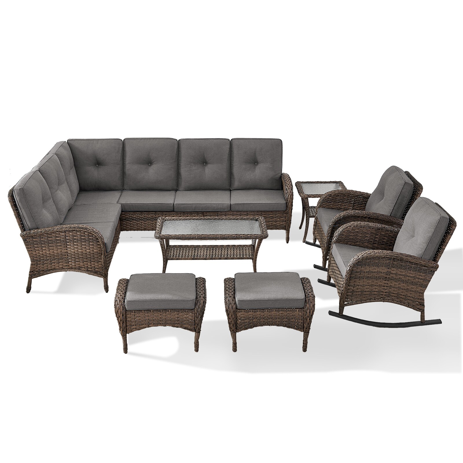 Rilyson FS13050116086-3 9 -Piece Wicker 2 Patio Sofa Conversation Set with Gray Cushions