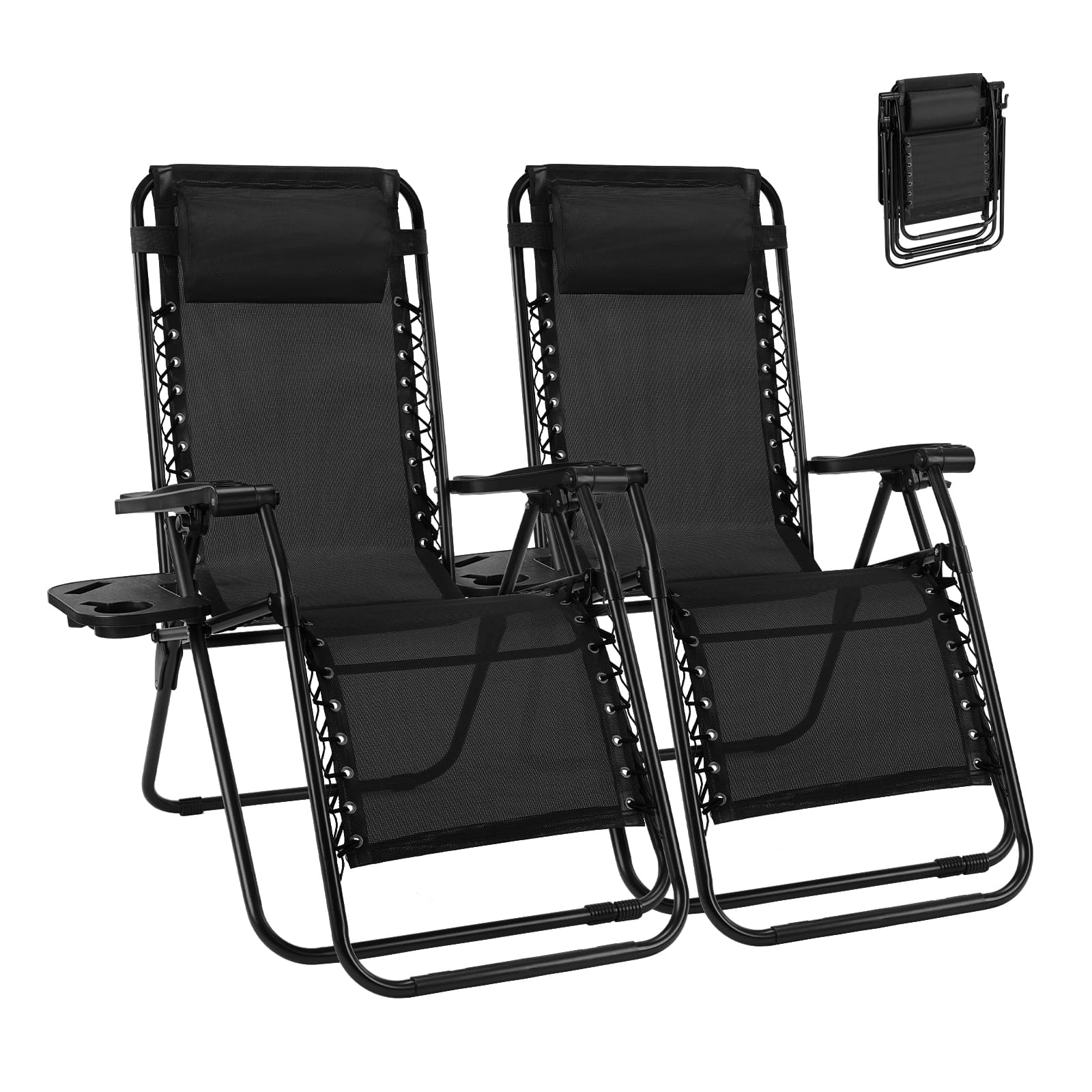 Sweetcrispy Set of 2 Black Motion Zero Gravity Chair Folding Outdoor Patio Recliner with Side Tray and Cup Holder for Camping Pool