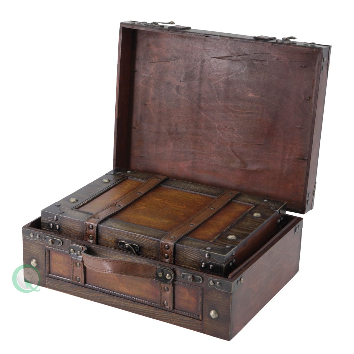 Quickway Imports QI003013.2 2-Pack Brown Leather Midcentury Decorative Box