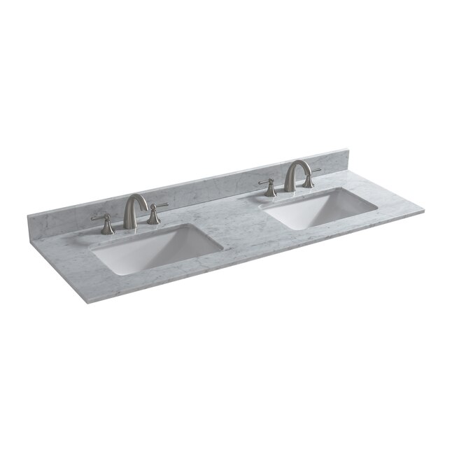 Leicester 61 in. W x 22 in. D Double Basin Engineered Quartz Marble Vanity Top in Carrara White with White Basins Leicester 61 in. W x 22 in. D Double Basin Engineered Quartz Marble Vanity Top in Carrara White with White Basins