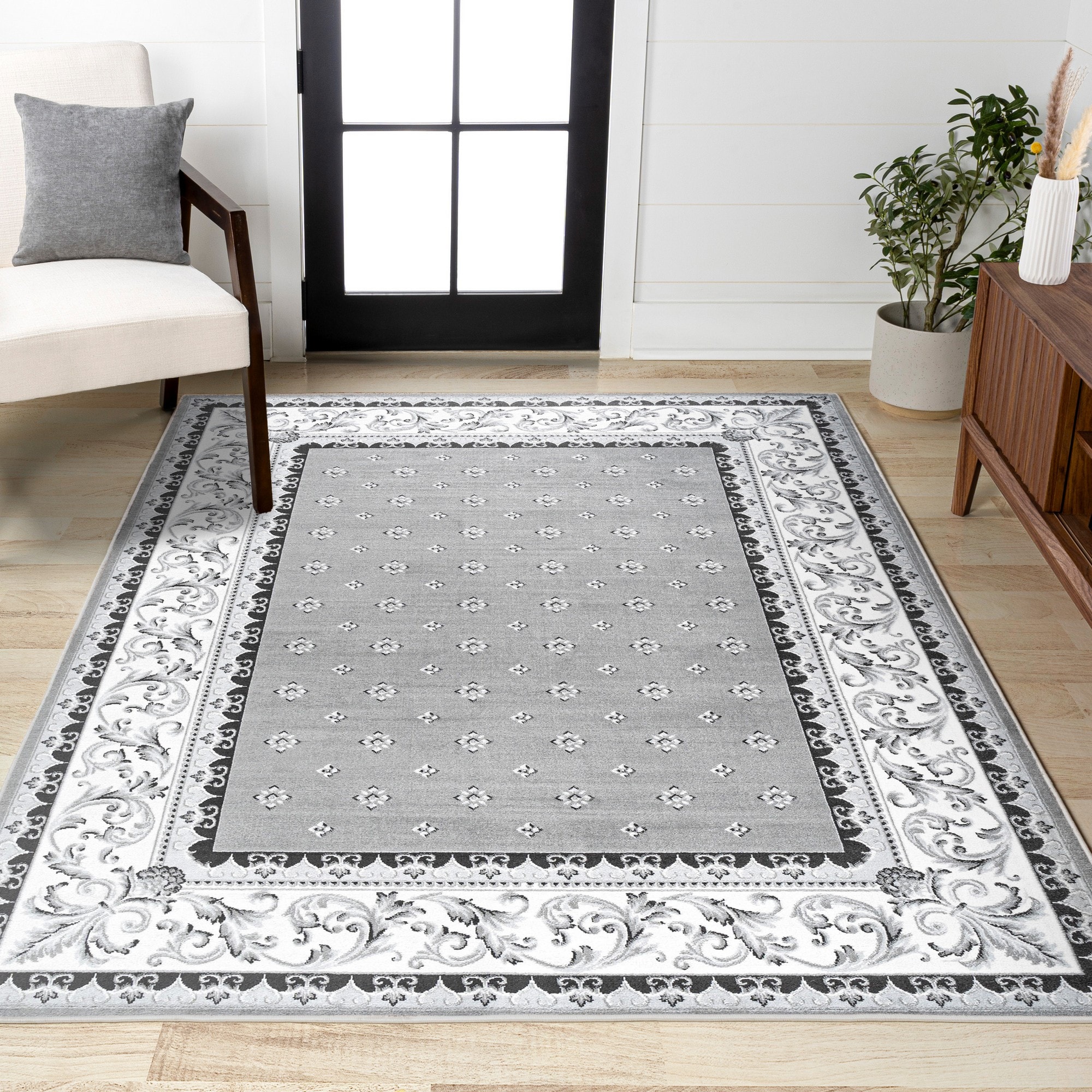 JONATHAN  Y MDP504D-5 MODERN PERSIAN Acanthus French Border 5 x 8 (ft) Flatweave Gray/Cream Rectangular Indoor Medallion French Country Pet Friendly Area rug